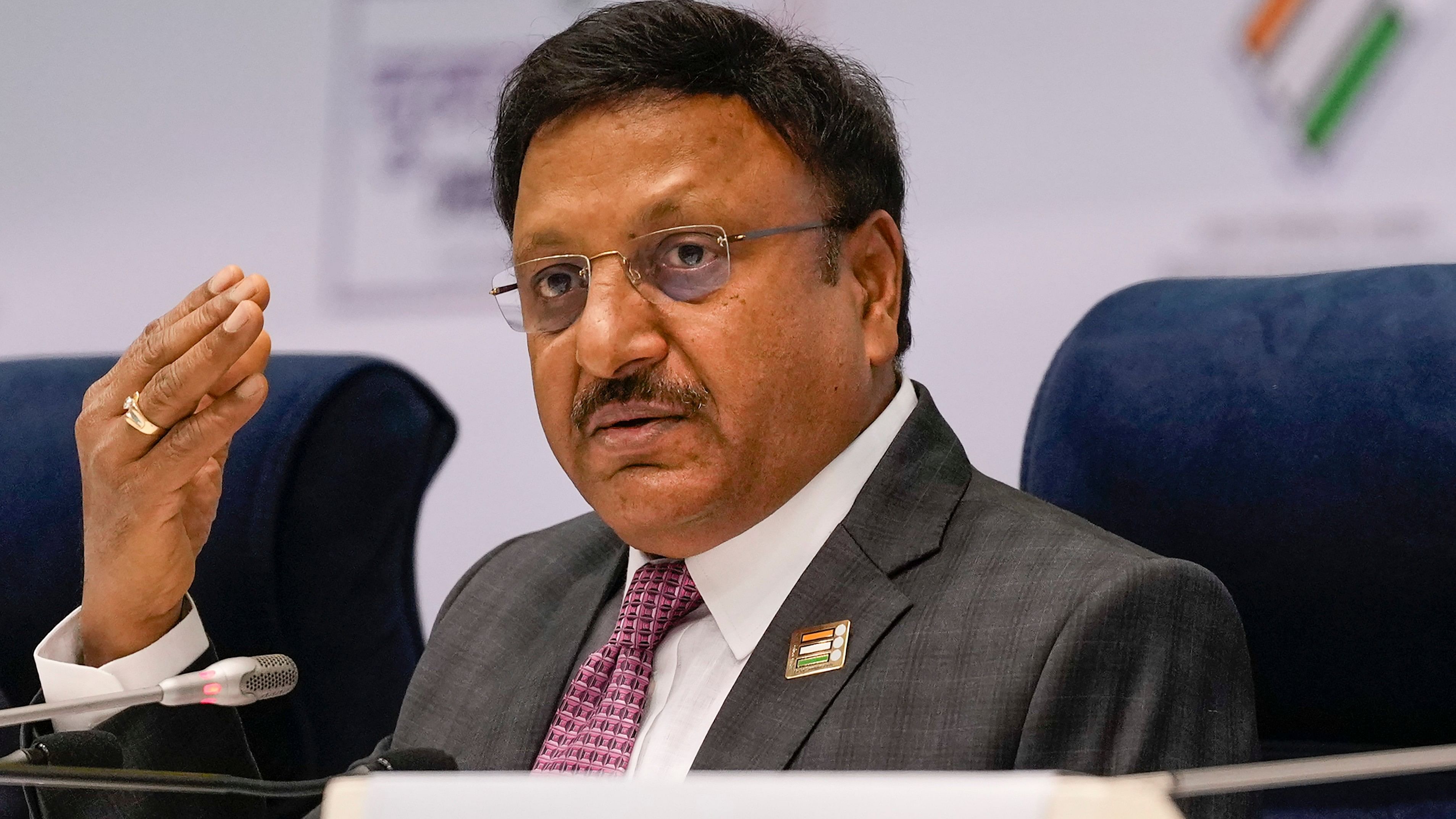 <div class="paragraphs"><p>New Delhi: Chief Election Commissioner Rajiv Kumar during announcement of the schedule for General Elections 2024, in New Delhi, Saturday, March 16, 2024. </p></div>