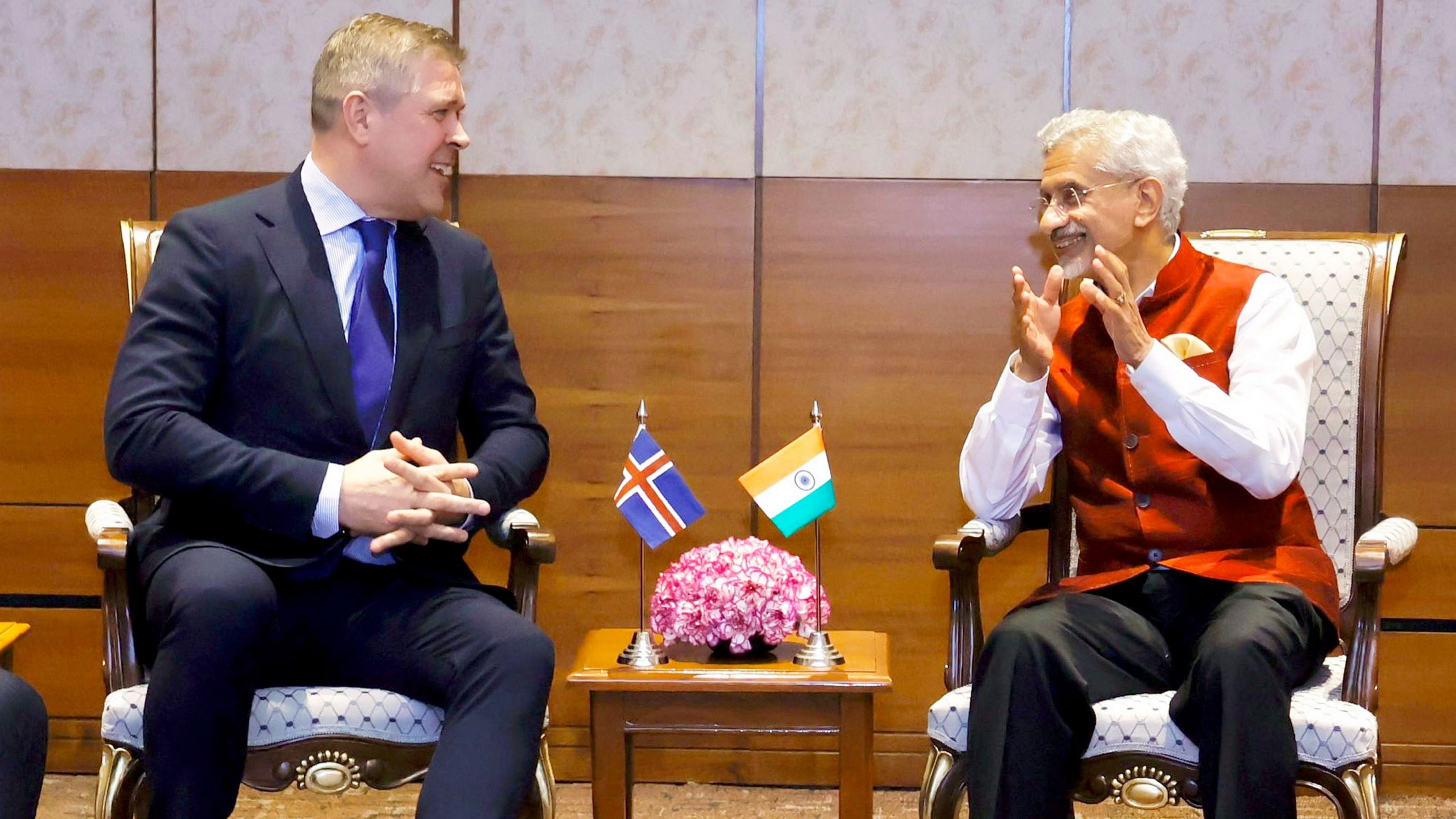 <div class="paragraphs"><p>External Affairs Minister S Jaishankar with Iceland's Minister for Foreign Affairs Bjarni Benediktsson at a meeting on the sidelines of India-EFTA meeting, in New Delhi, Sunday, March 10, 2024. </p></div>