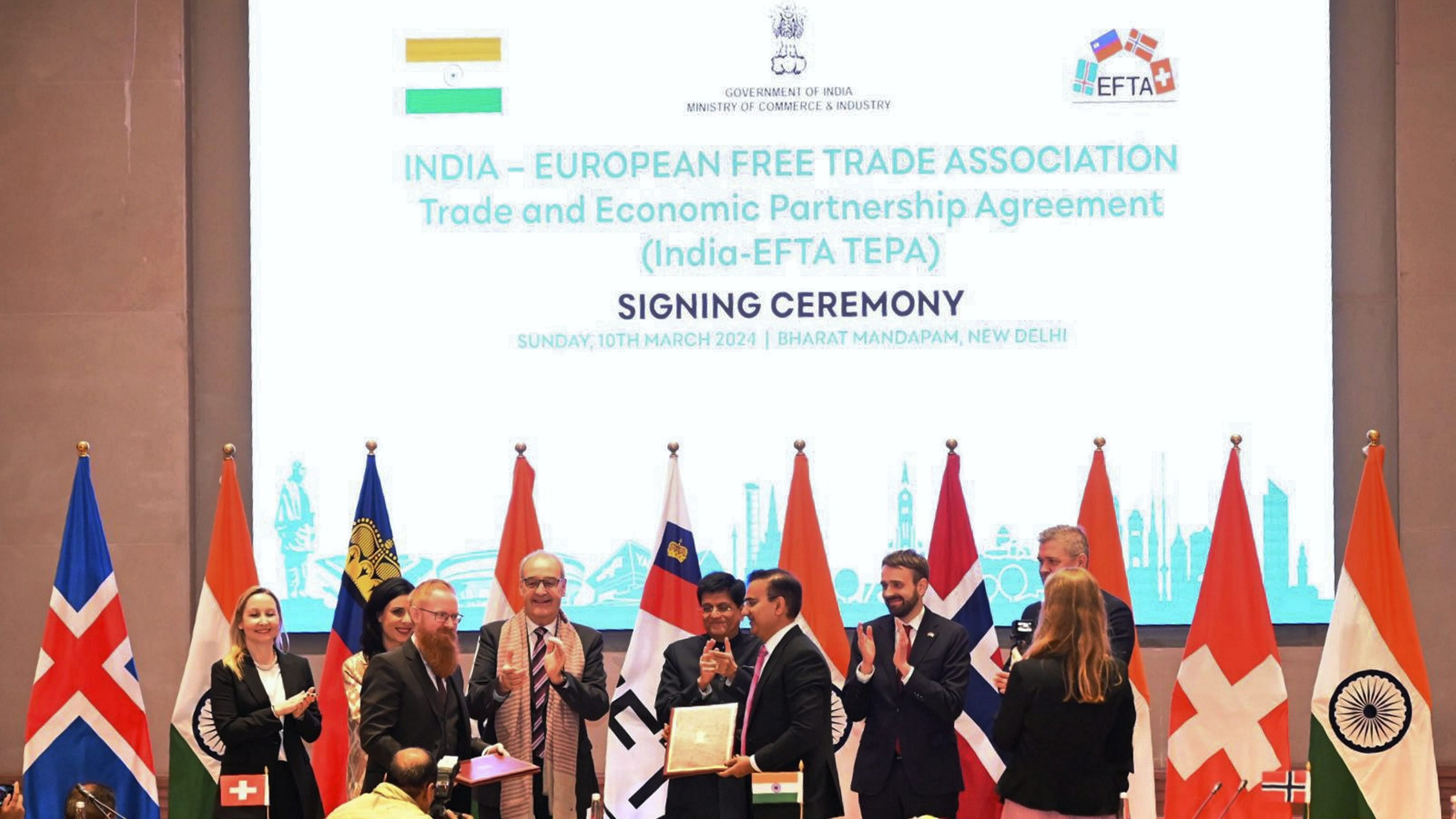<div class="paragraphs"><p>Union Minister for Commerce &amp; Industry Piyush Goyal during the signing of the India-European Free Trade Association (EFTA) Trade &amp; Economic Partnership Agreement, in New Delhi, Sunday, March 10, 2024. </p></div>