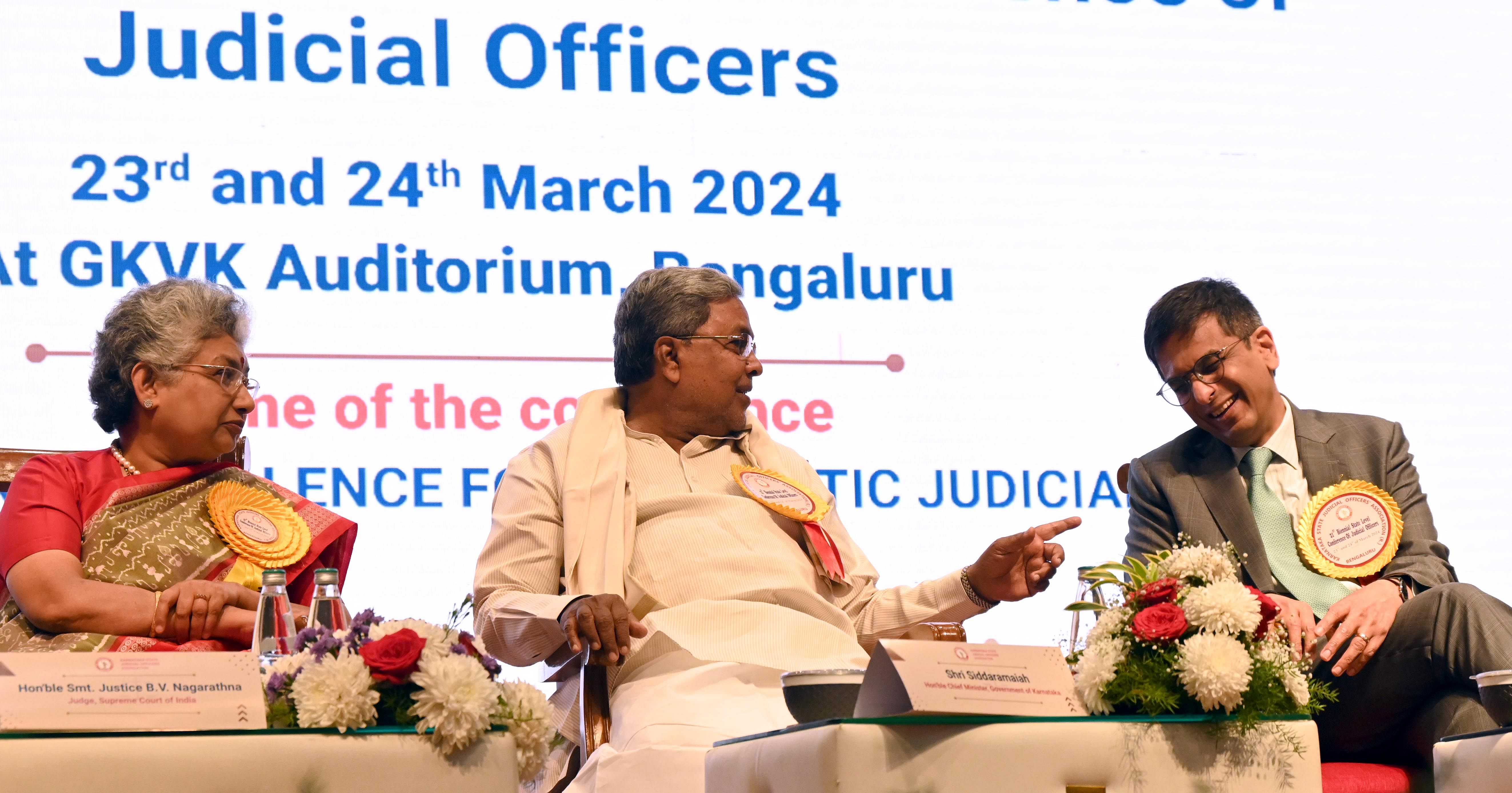 <div class="paragraphs"><p>(From left) Justice B.V.Nagarathna,Judge, Supreme Court of India, Chief Minister Siddaramaiah and Dr. Justice Dhananjaya Y Chandrachud, Chief Justice, Supreme Court of India.</p></div>
