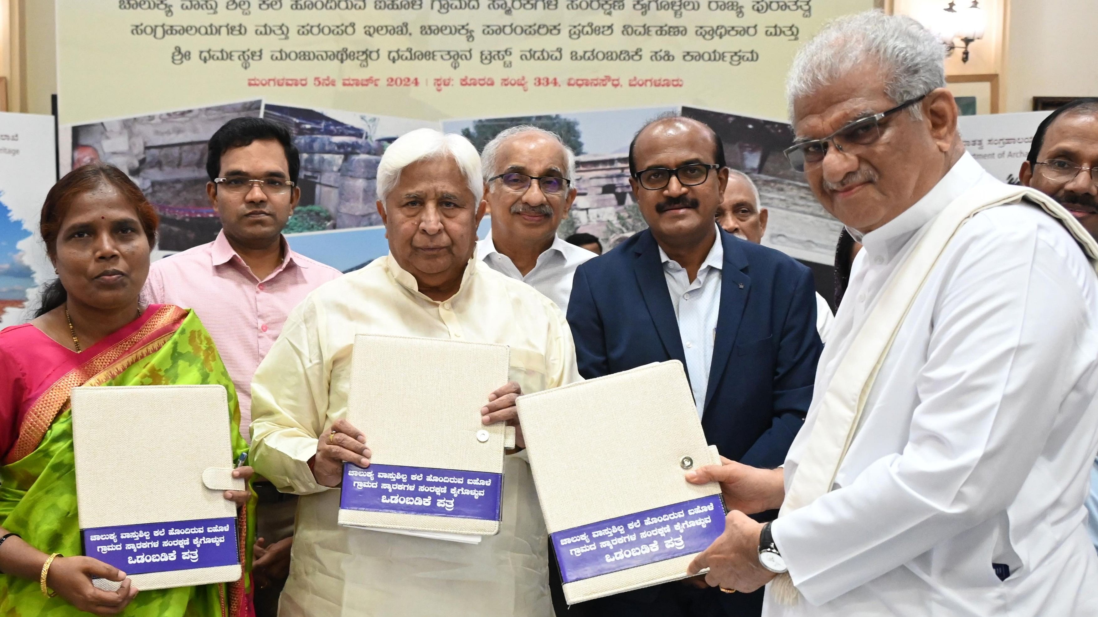 <div class="paragraphs"><p>Tourism Minister H K Patil and Dharmasthala Dharmadhikari Veerendra Heggade at the signing of a memorandum of understanding between&nbsp;Department of Archaeology, Museums and Heritage and Dharmasthala Manjunatheshwara Dharmothana Trust for preservation of Aithole monuments, in Bengaluru on Tuesday.</p></div>