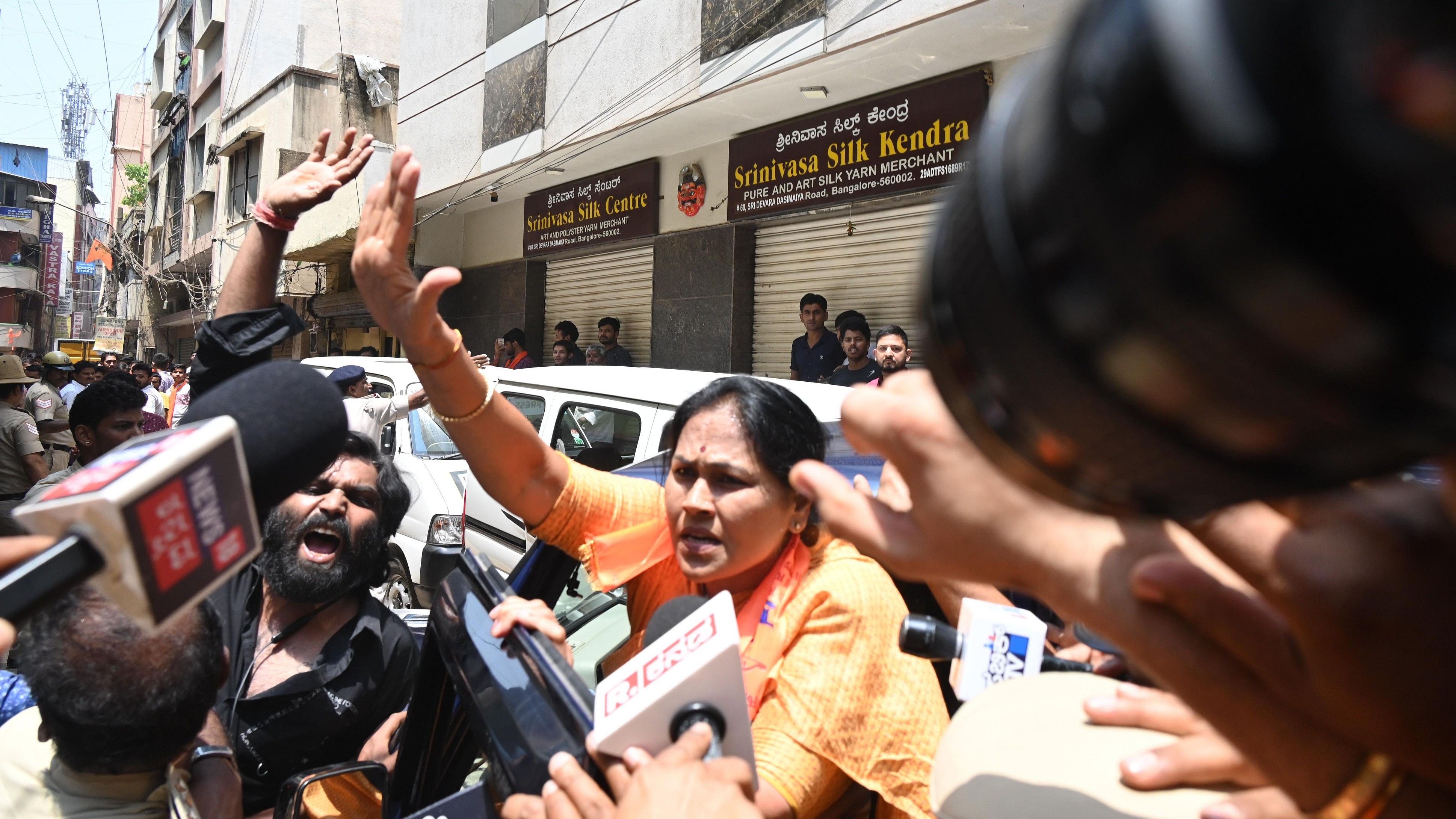 <div class="paragraphs"><p>File photo of Shobha Karandlaje during the protest in front of shopkeeper assault place at  Nagarthpet street in Bengaluru.</p></div>