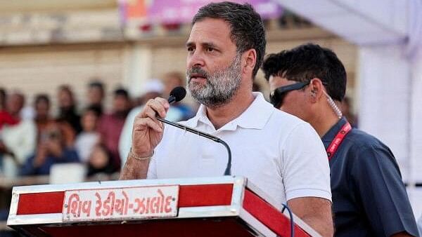 <div class="paragraphs"><p>Rahul Gandhi speaks at Jhalod town, Gujarat state, on March 7, 2024 during the&nbsp;Bharat Jodo Nyay Yatra.</p></div>