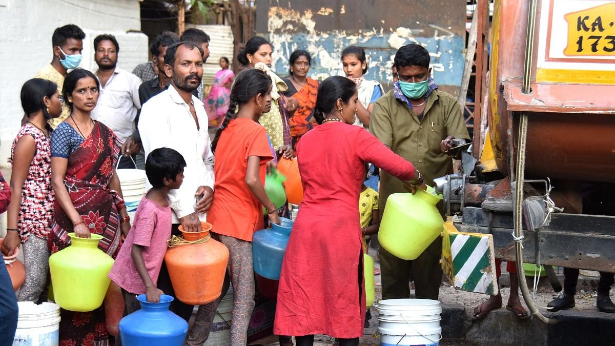 <div class="paragraphs"><p>Free drinking water supplied to construction workers at K H Road in Bengaluru on Friday. </p></div>