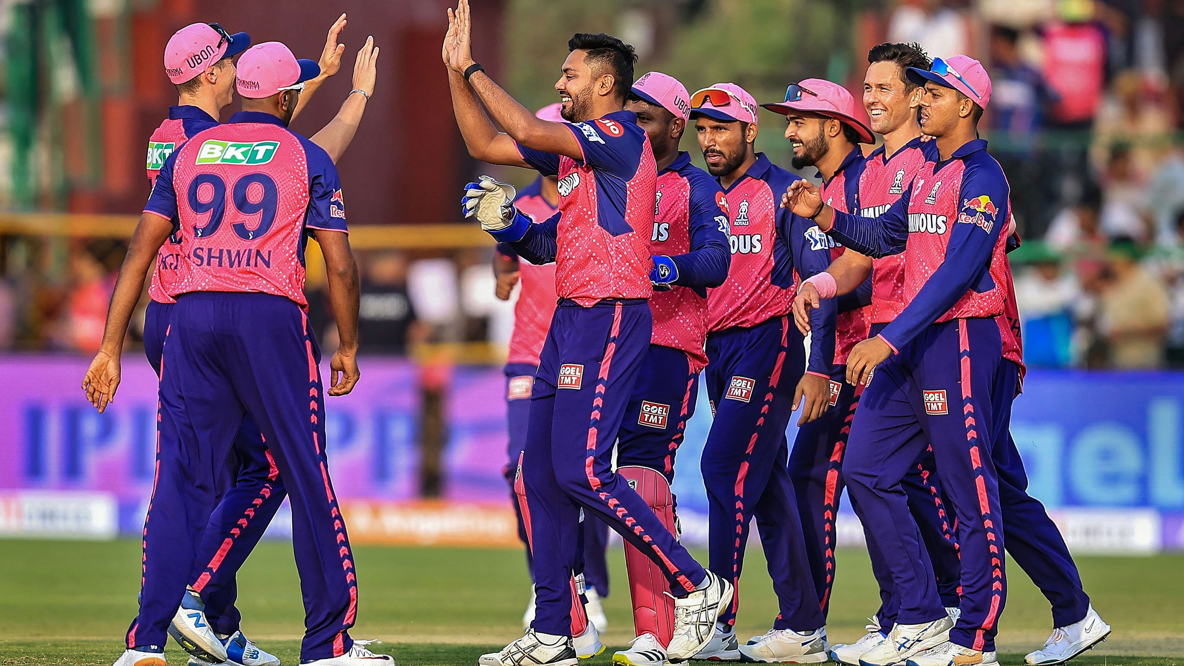 <div class="paragraphs"><p> Rajasthan Royals players celebrate a wicket during the IPl 2024 T20 cricket match between Lucknow Super Giants and Rajasthan Royals at SMS Stadium, in Jaipur, Sunday, March 24, 2024. </p></div>