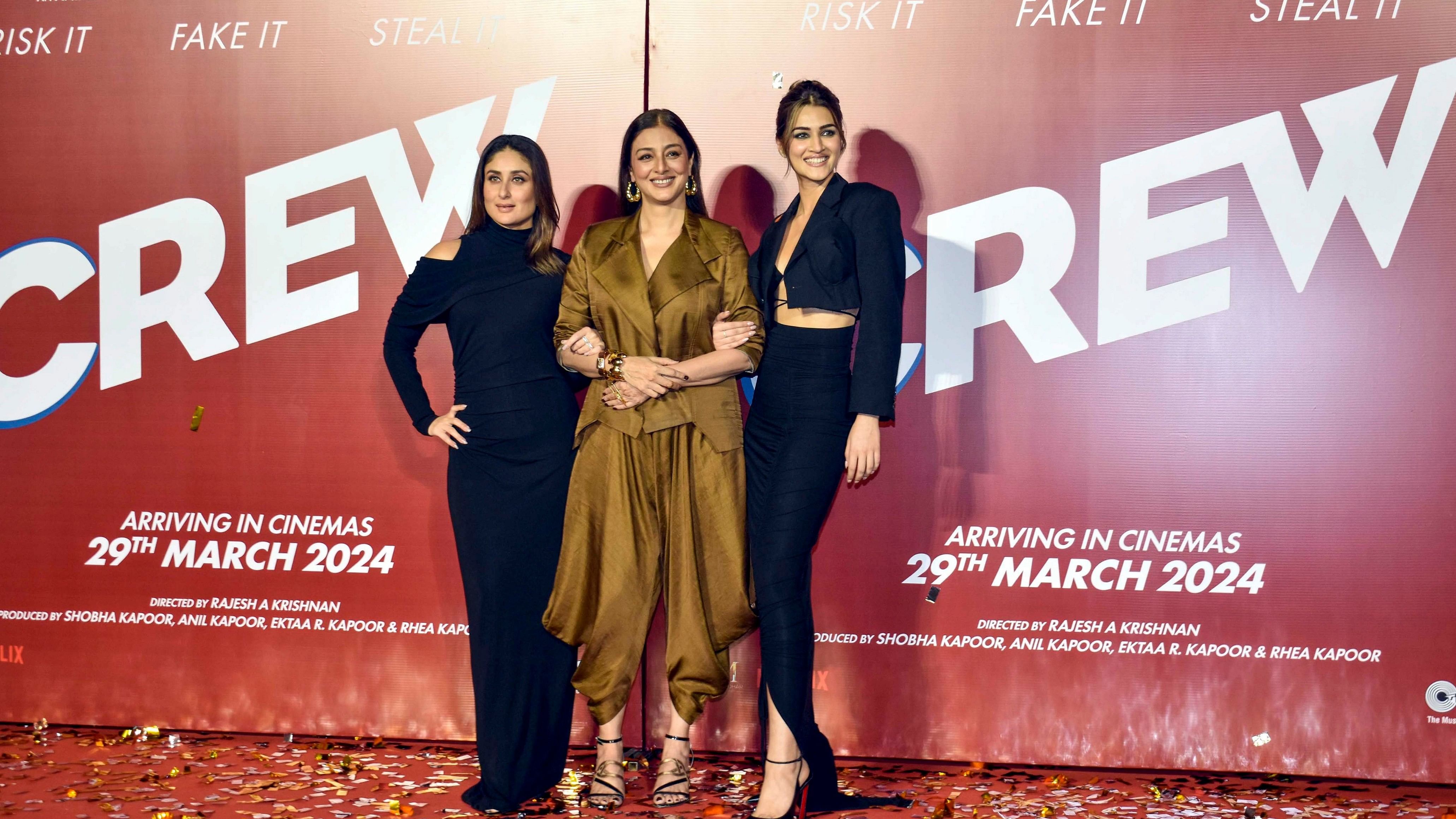 <div class="paragraphs"><p>Mumbai: Bollywood actors Kareena Kapoor Khan, Tabu and Kriti Sanon pose during the trailer launch of their upcoming film 'Crew', in Mumbai, Saturday, March 16, 2024. </p></div>