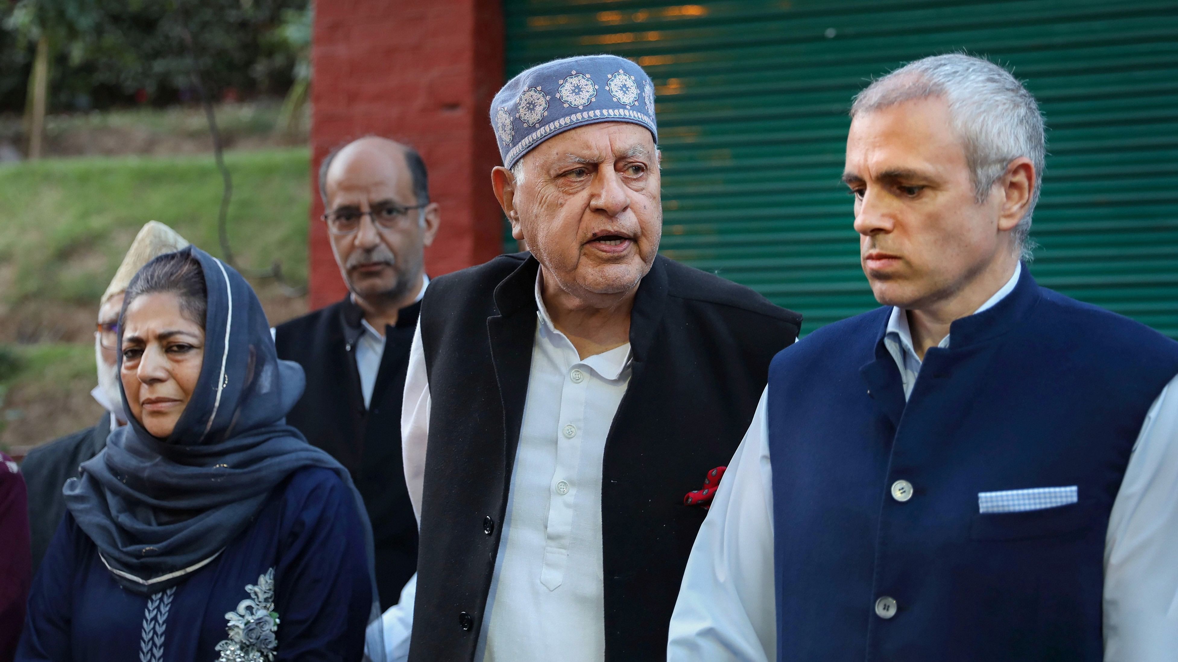 <div class="paragraphs"><p>A file photo of&nbsp;Jammu and Kashmir National Conference President Farooq Abdullah  along with his son Omar Abdullah and&nbsp; Peoples Democratic Party (PDP) President Mehbooba Mufti.&nbsp;</p></div>