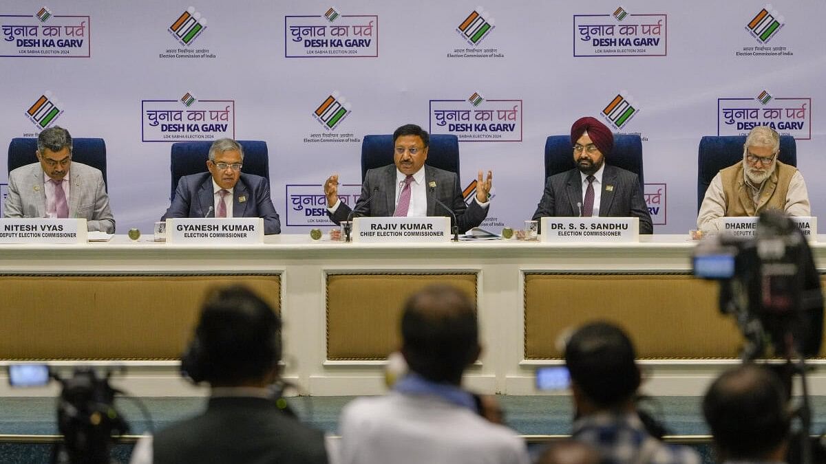 <div class="paragraphs"><p>Chief Election Commissioner Rajiv Kumar with Election Commissioners Gyanesh Kumar and S S Sandhu.</p></div>
