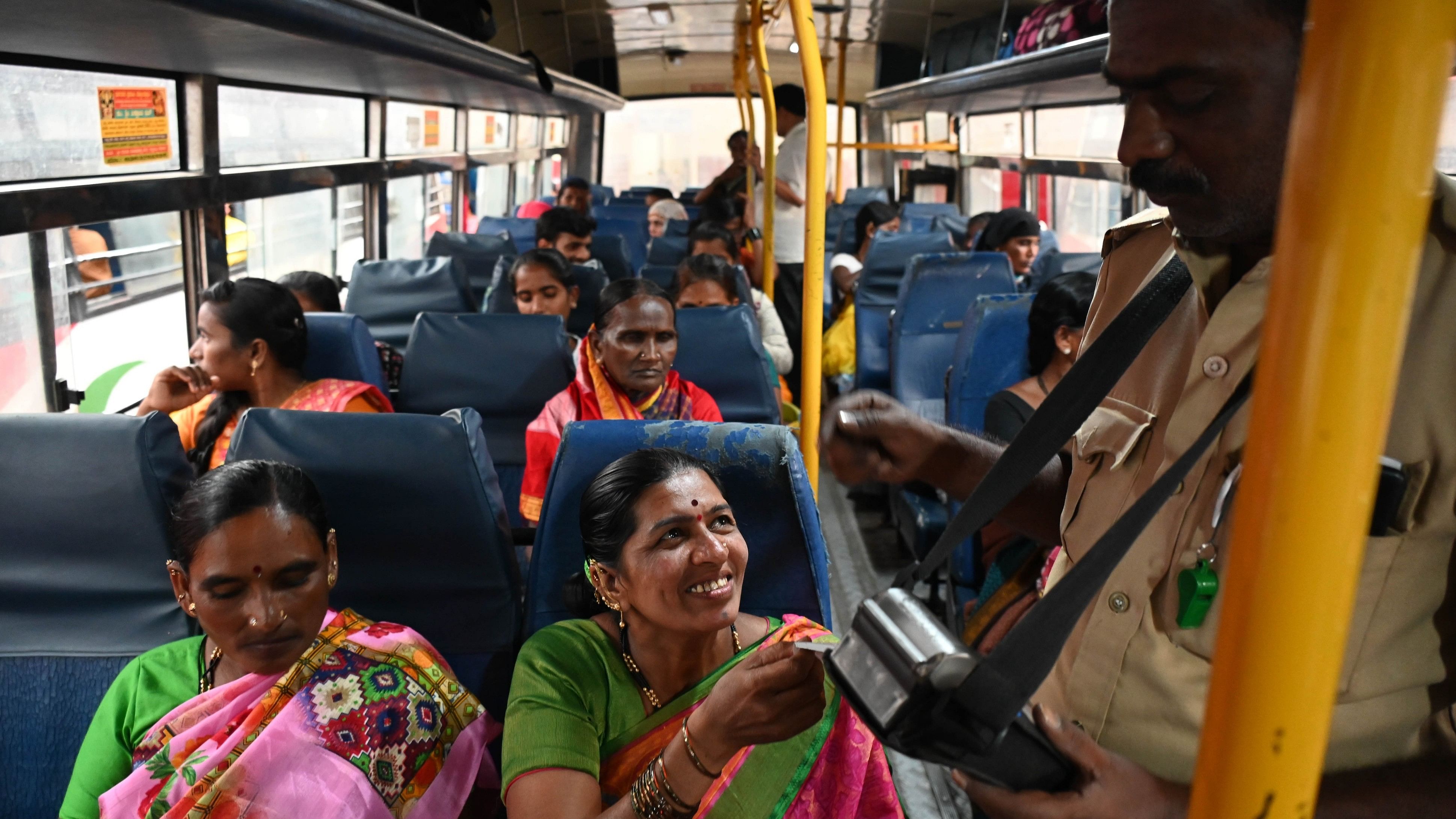<div class="paragraphs"><p>File photo of women commuters inside a KSRTC bus in Majestic, Bengaluru.</p></div>