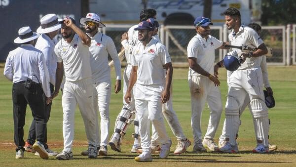 <div class="paragraphs"><p>Mumbai's players after winning their Ranji Trophy semi-final cricket match against Tamil Nadu, in Mumbai, Monday, March 4, 2024.</p></div>