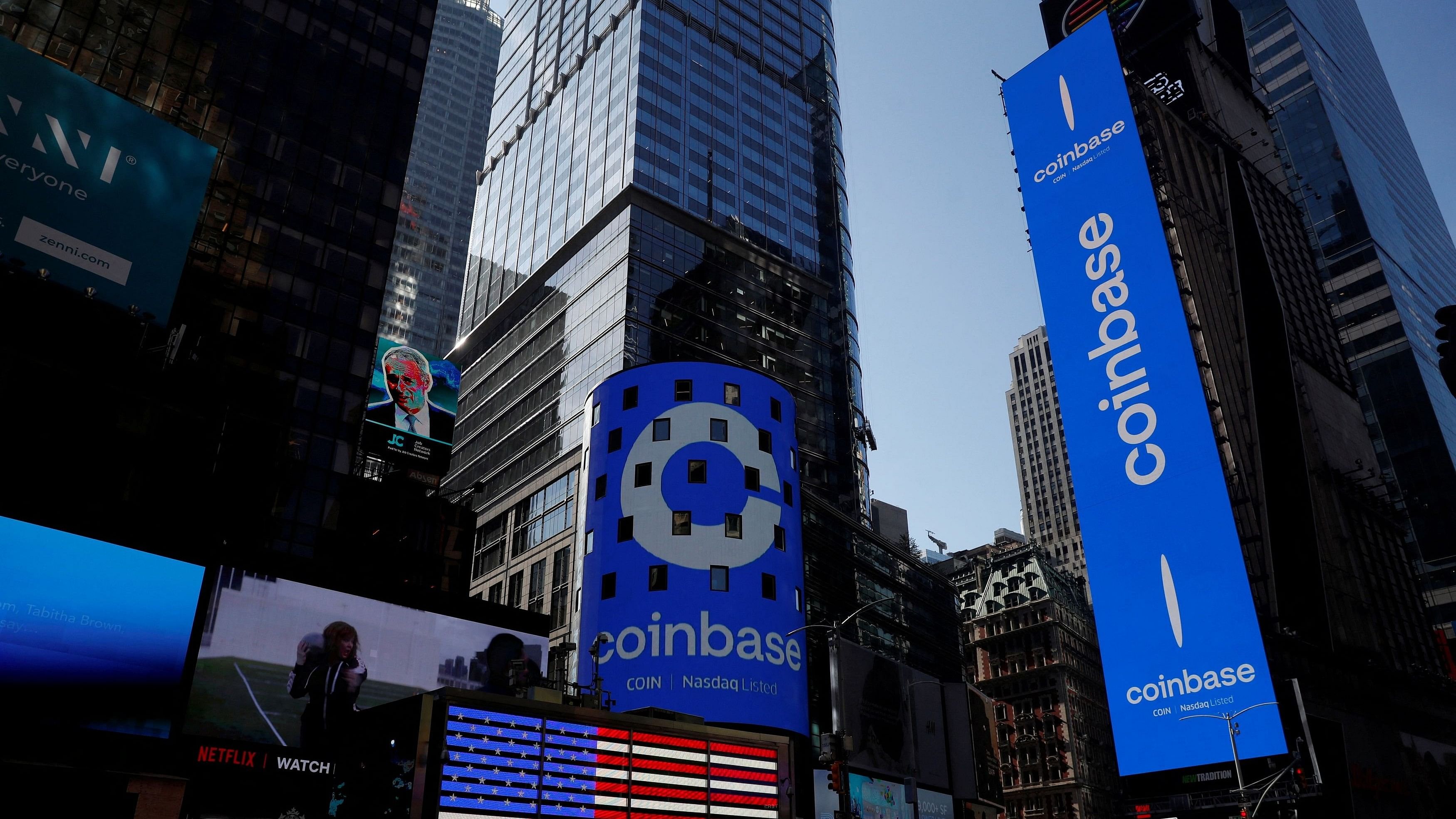 <div class="paragraphs"><p>The logo for Coinbase Global Inc, the biggest US cryptocurrency exchange, is displayed on the Nasdaq MarketSite jumbotron and others at Times Square in New York</p></div>