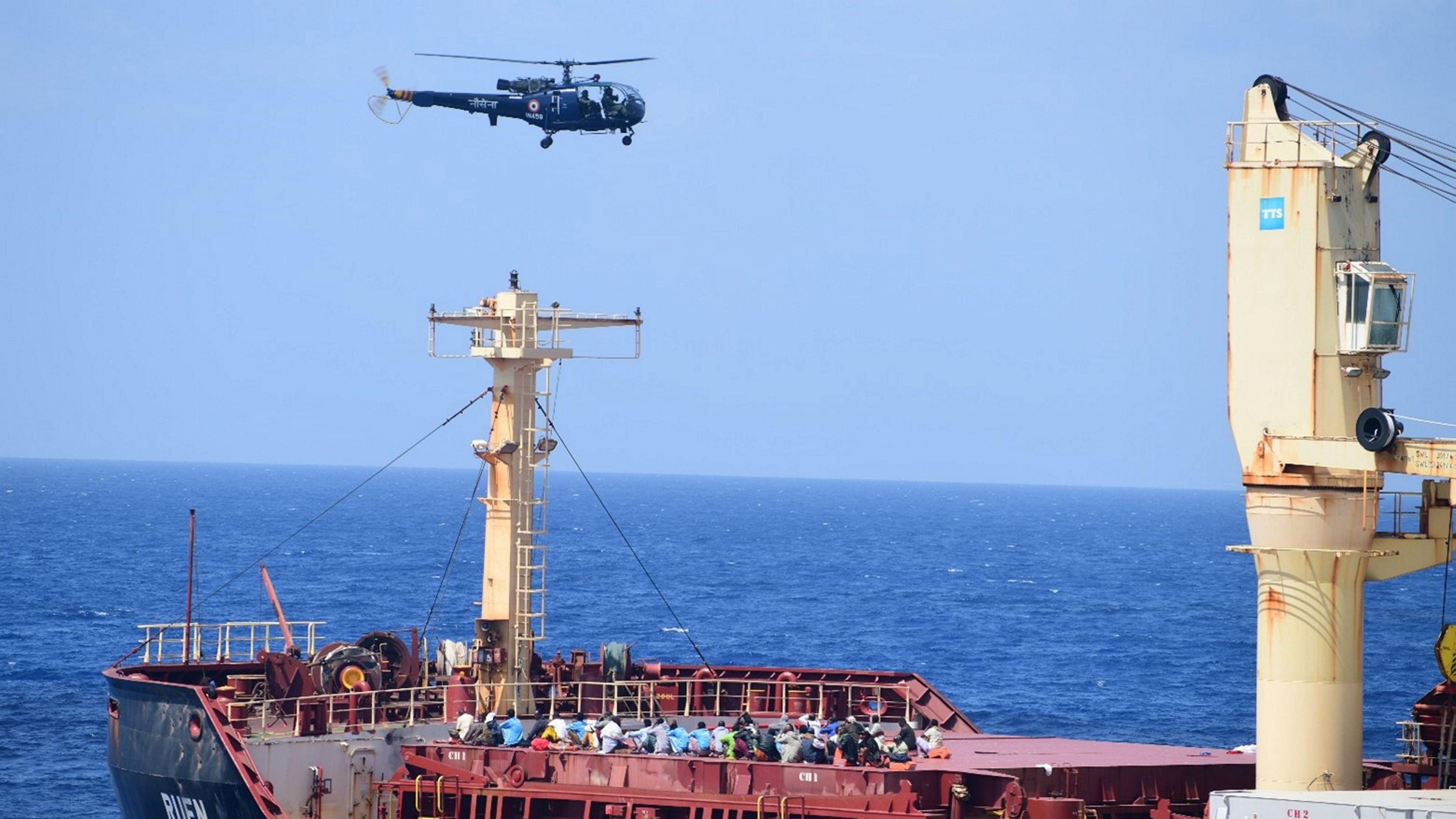 <div class="paragraphs"><p>An Indian Navy helicopter during an anti-hijacking operation. The Navy successfully cornered and coerced all 35 pirates to surrender &amp; ensured the safe evacuation of 17 crew members onboard MV Ruen. </p></div>