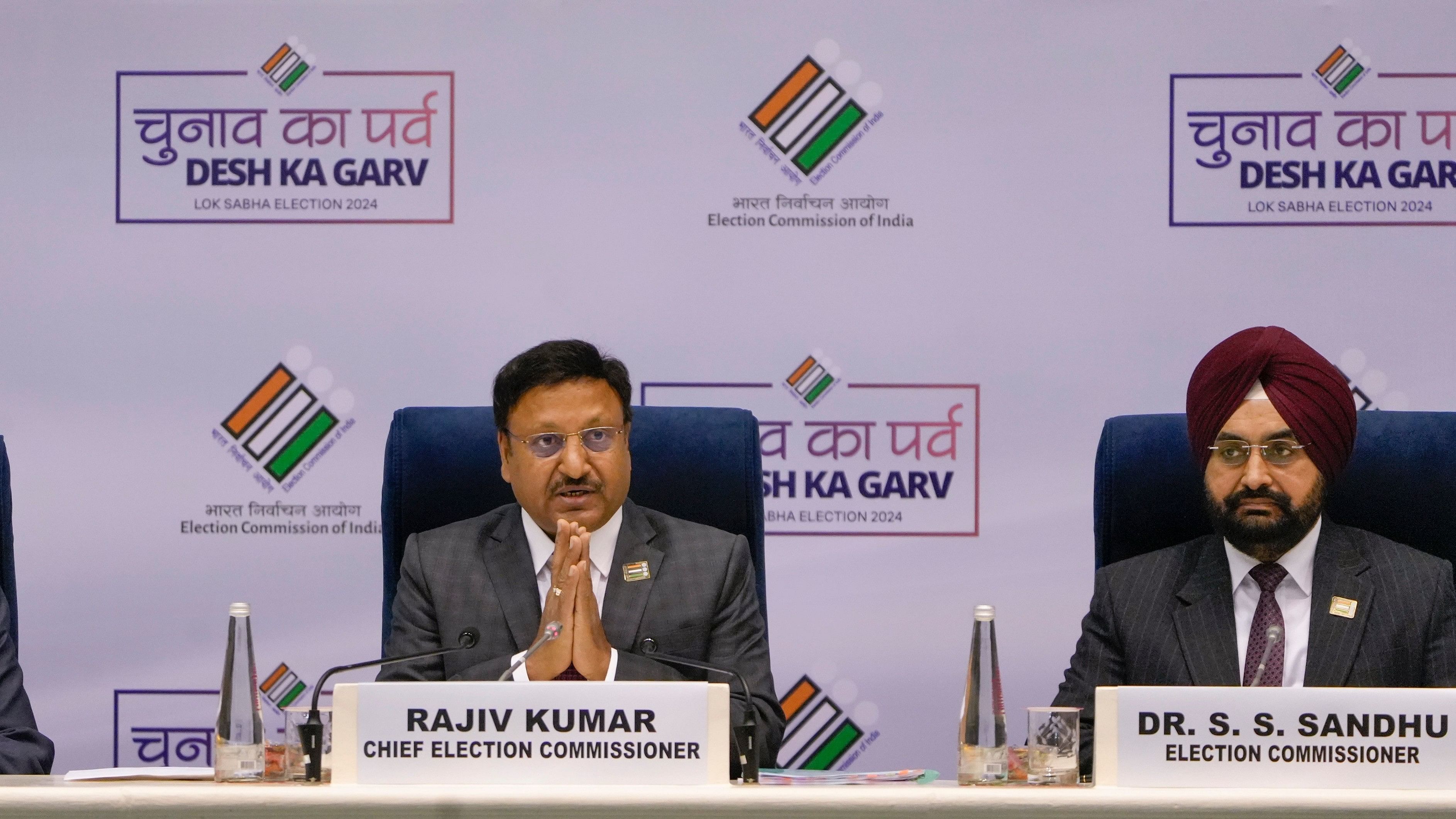 <div class="paragraphs"><p>Chief Election Commissioner Rajiv Kumar during a press conference to announce the schedule for General Elections 2024, in New Delhi, Saturday, March 16, 2024.  </p></div>