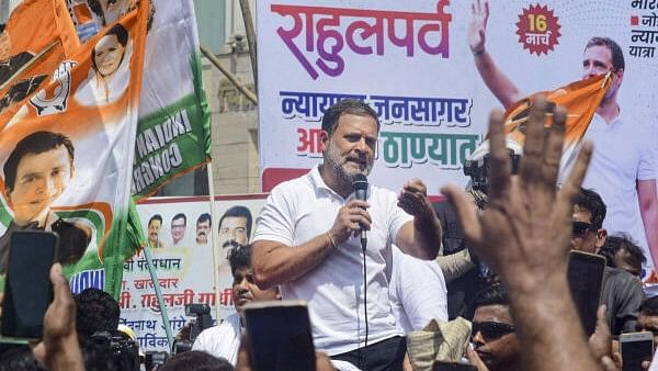 <div class="paragraphs"><p>Congress leader Rahul Gandhi addresses supporters during the Bharat Jodo Nyay Yatra, in Thane, Saturday, March 16, 2024.</p></div>