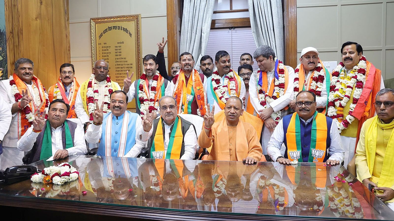 <div class="paragraphs"><p>Uttar Pradesh CM Yogi Adityanath with&nbsp;all the NDA candidates who filed nomination today for the post of member of Uttar Pradesh Legislative Council, on Monday, March 11, 2024.</p></div>