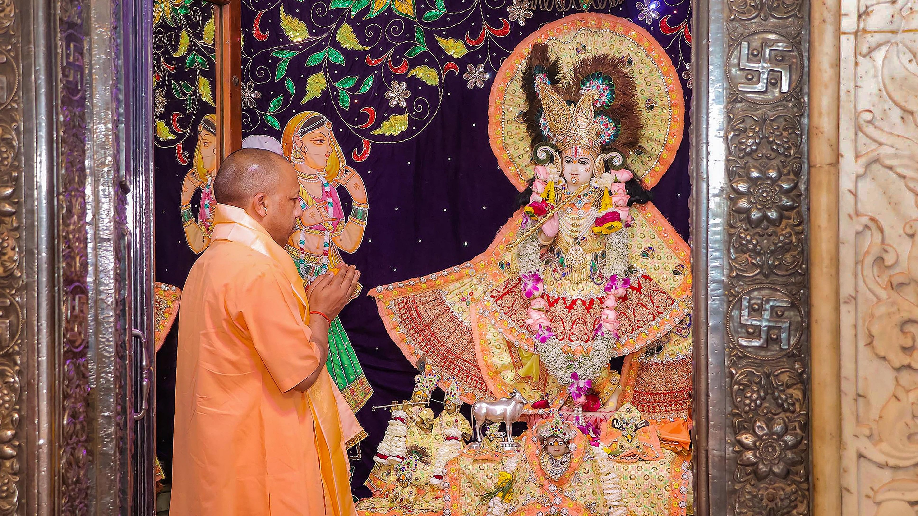 <div class="paragraphs"><p>Uttar Pradesh Chief Minister and BJP leader Yogi Adityanath offers prayers at Sri Krishna Janamsthan temple, in Mathura, Wednesday, March 27, 2024.  </p></div>