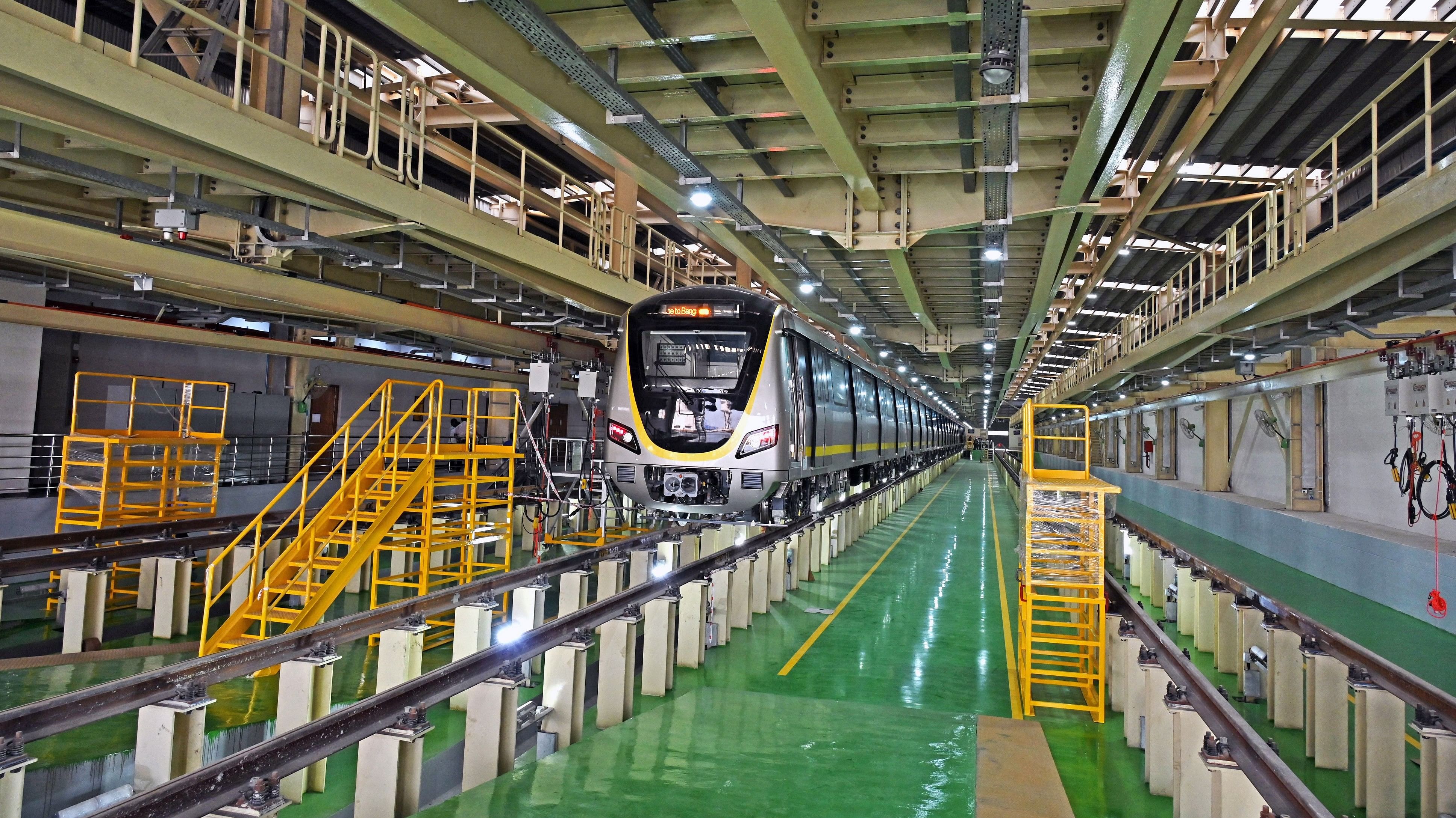 <div class="paragraphs"><p>A view of Bengaluru Metro’s first driverless train at the Hebbagodi depot on Wednesday. </p></div>