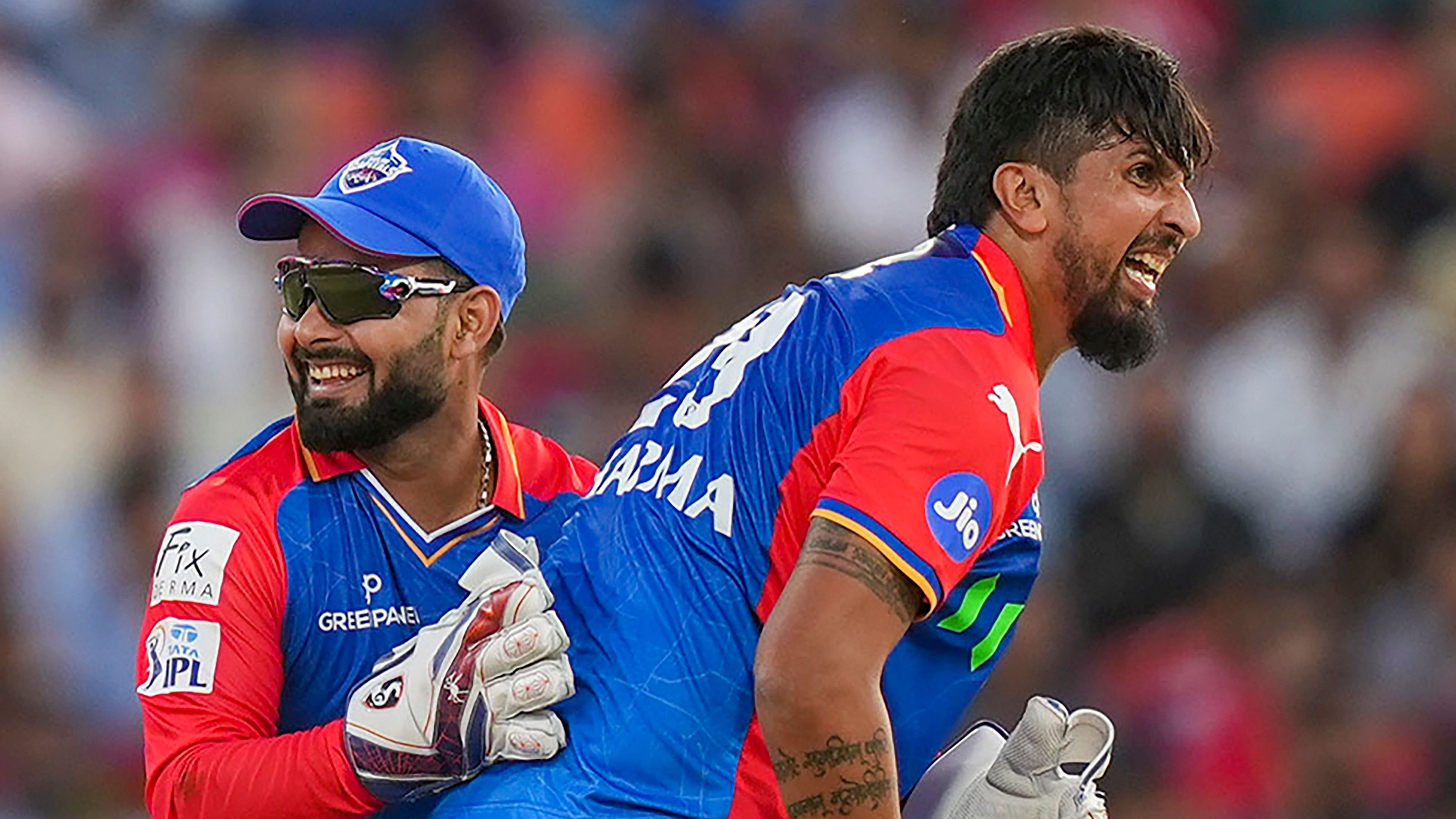 <div class="paragraphs"><p>Delhi Capital's Ishant Sharma celebrates with captain Rishabh Pant after dismissing Punjab Kings' Jonny Bairstow through a runout during the Indian Premier League (IPL) 2024 T20 cricket match between Delhi Capitals and Punjab Kings, at Maharaja Yadavindra Singh International Cricket Stadium, in Mohali, Saturday, March 23, 2024. </p></div>