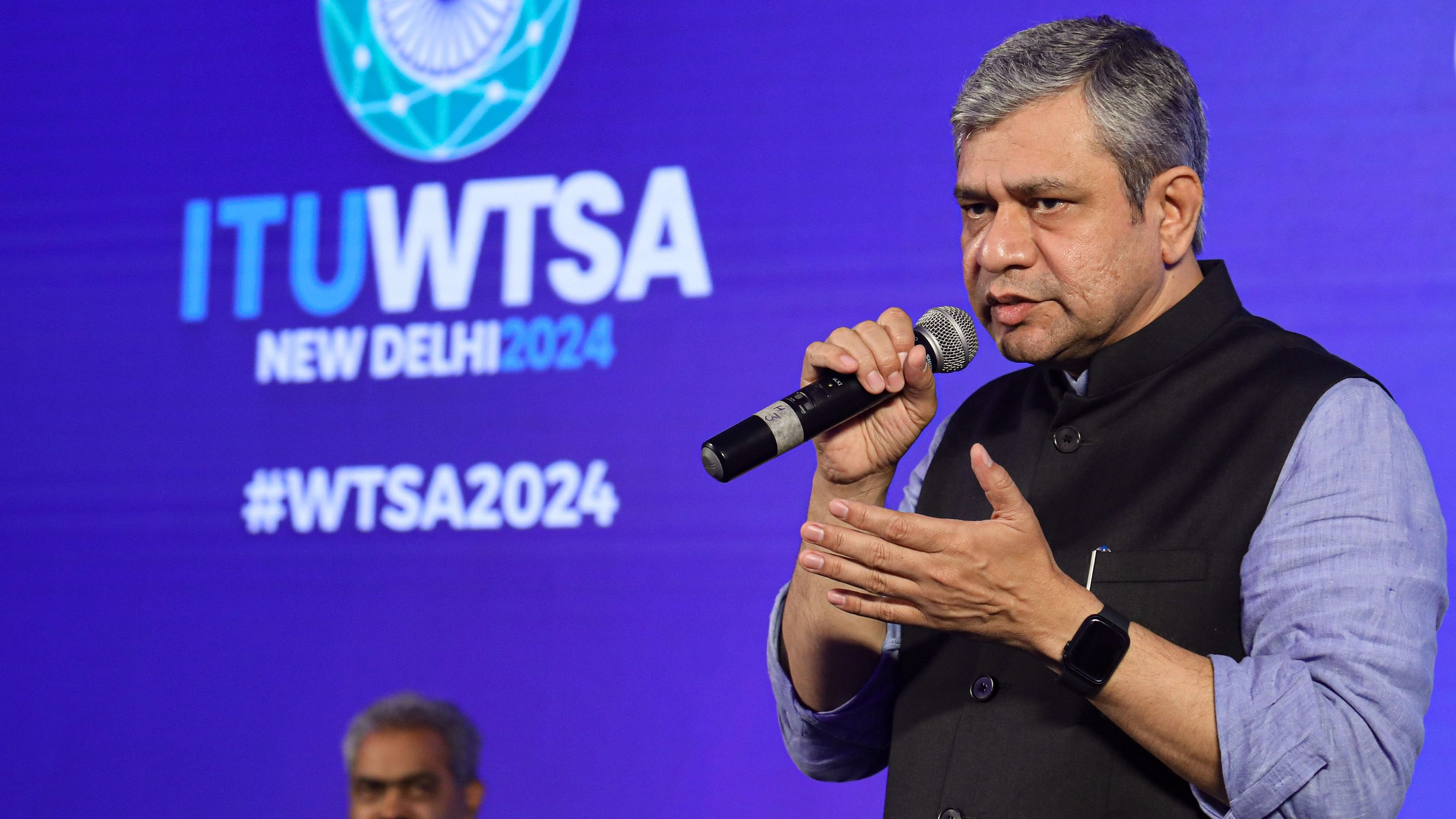 <div class="paragraphs"><p>Union Minister for Communications, and Electronics &amp; Information Technology Ashwini Vaishnaw speaks during the curtain raiser event of the India Mobile Congress 2024 and World Telecommunication Standardisation Assembly (ITU-WTSA) 2024, in New Delhi, on Monday.</p></div>