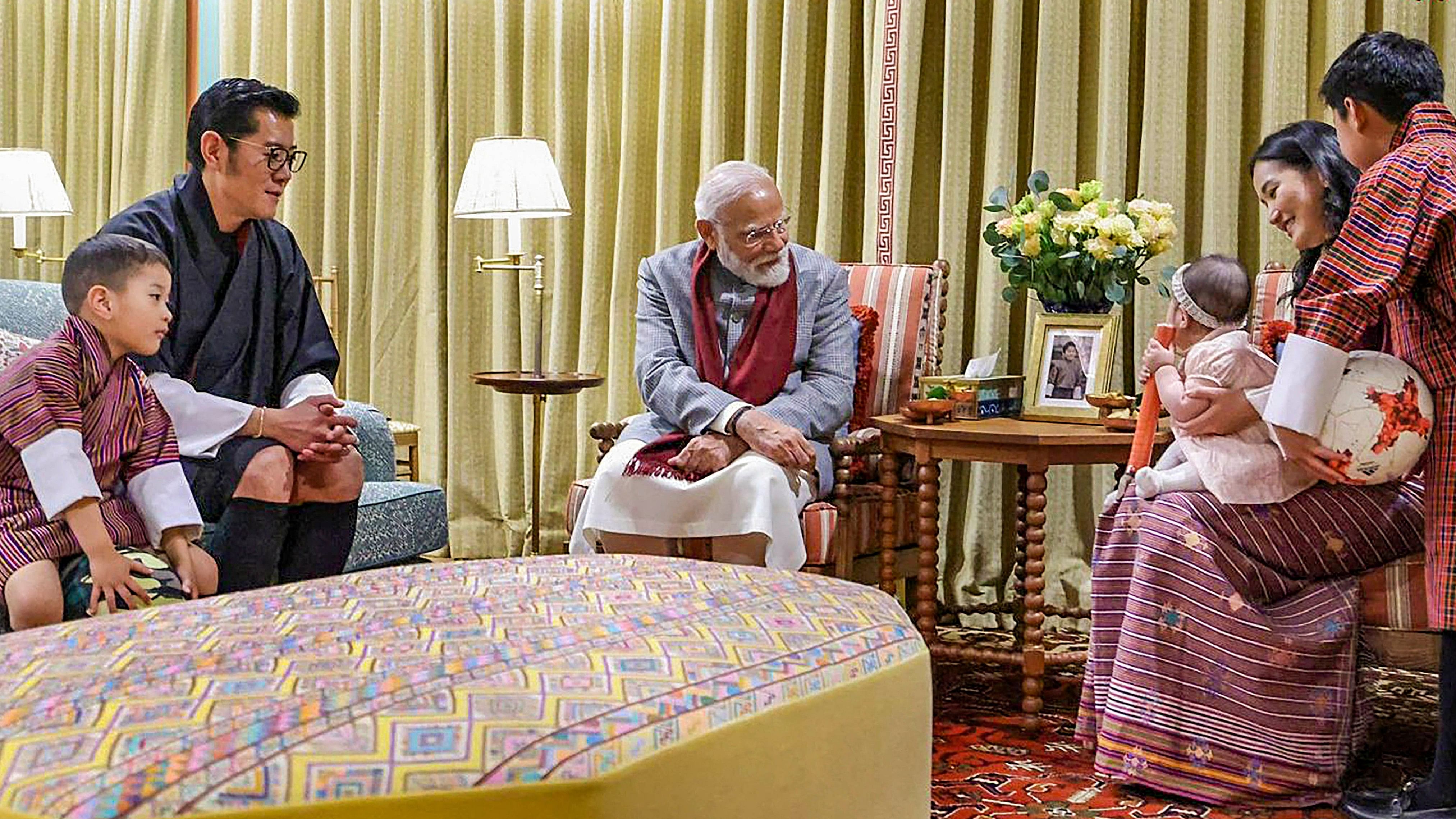 <div class="paragraphs"><p>Prime Minister Narendra Modi attends a private dinner hosted by King of Bhutan Jigme Khesar Namgyel Wangchuck (L) and his family at the Lingkana Palace, in Thimphu. </p></div>