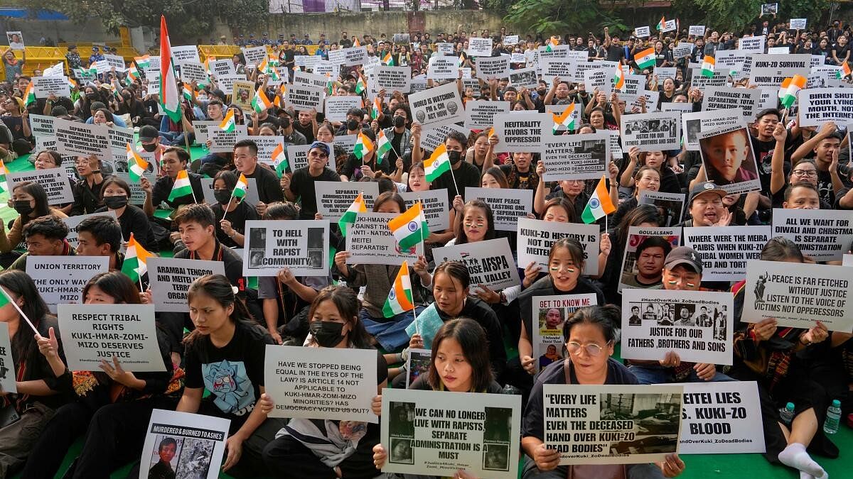 <div class="paragraphs"><p>File photo of a protest in Manipur over ethnic violence.&nbsp;</p></div>