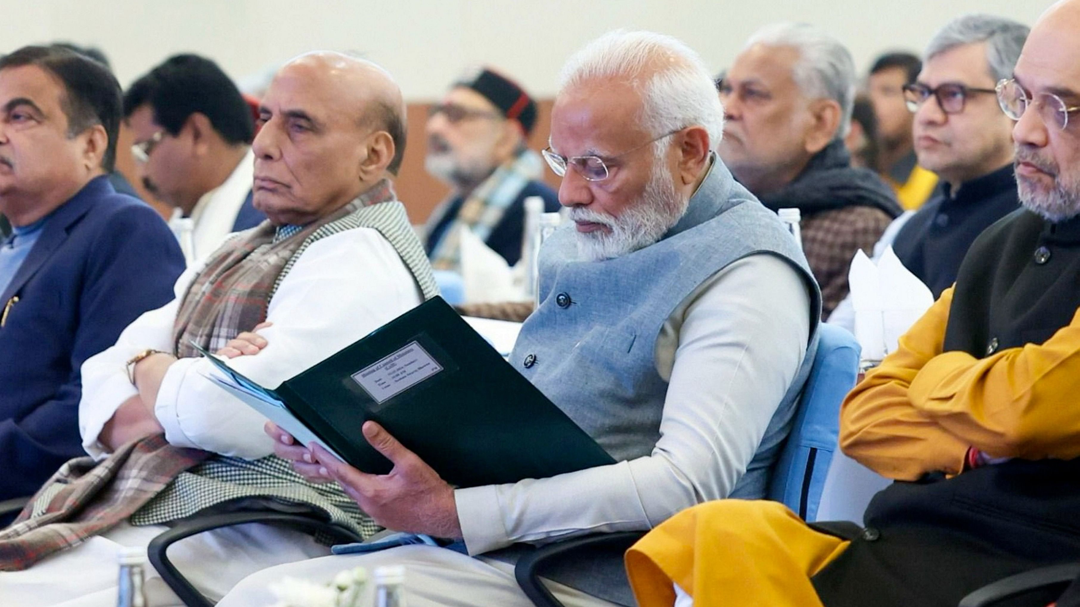 <div class="paragraphs"><p> Prime Minister Narendra Modi along with the Council of Ministers during a meeting on vision document for the Viksit Bharat 2047 &amp; detailed action plan for next 5 years, in New Delhi</p></div>