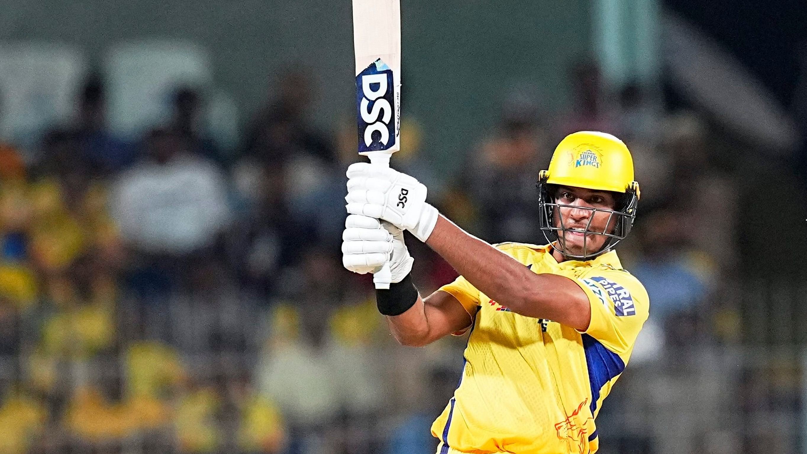 <div class="paragraphs"><p>Chennai Super Kings' batter Rachin Ravindra plays a shot during the Indian Premier League (IPL) 2024 T20 cricket match between Chennai Super Kings and Gujarat Titans, at MA Chidambaram Stadium in Chennai, Tuesday, March 26, 2024. </p></div>