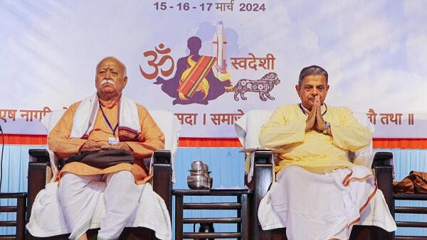 <div class="paragraphs"><p>Rashtriya Swayamsevak Sangh (RSS) chief Mohan Bhagwat with RSS General Secretary Dattatreya Hosabale during the inaugural session of Akhil Bharatiya Pratinidhi Sabha (ABPS), in Nagpur, Friday, March 15, 2024.</p></div>