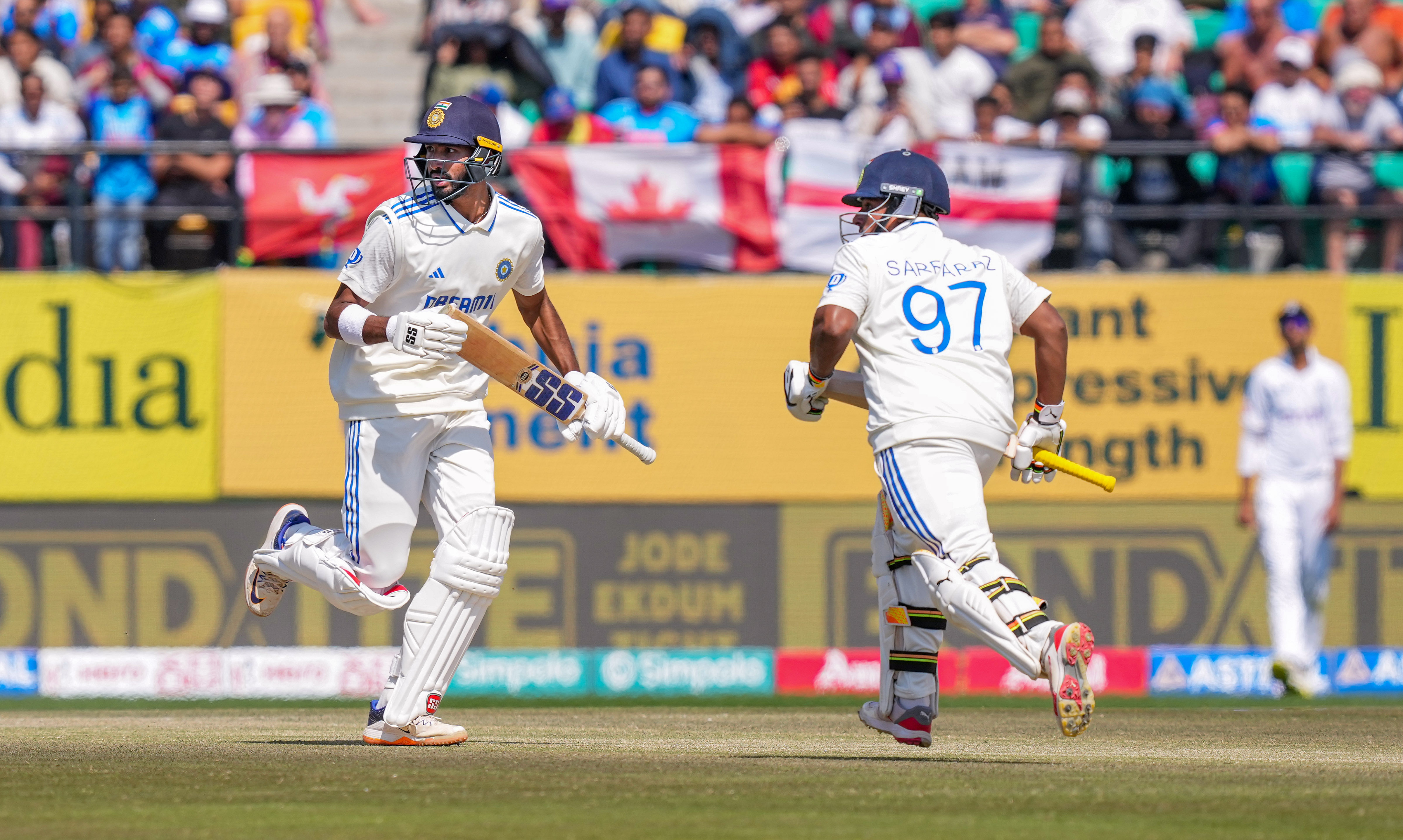<div class="paragraphs"><p>India's batters Sarfaraz Khan and Devdutt Padikkal run between the wickets during the second day of the fifth Test cricket match between India and England, in Dharamsala, on Friday</p></div>