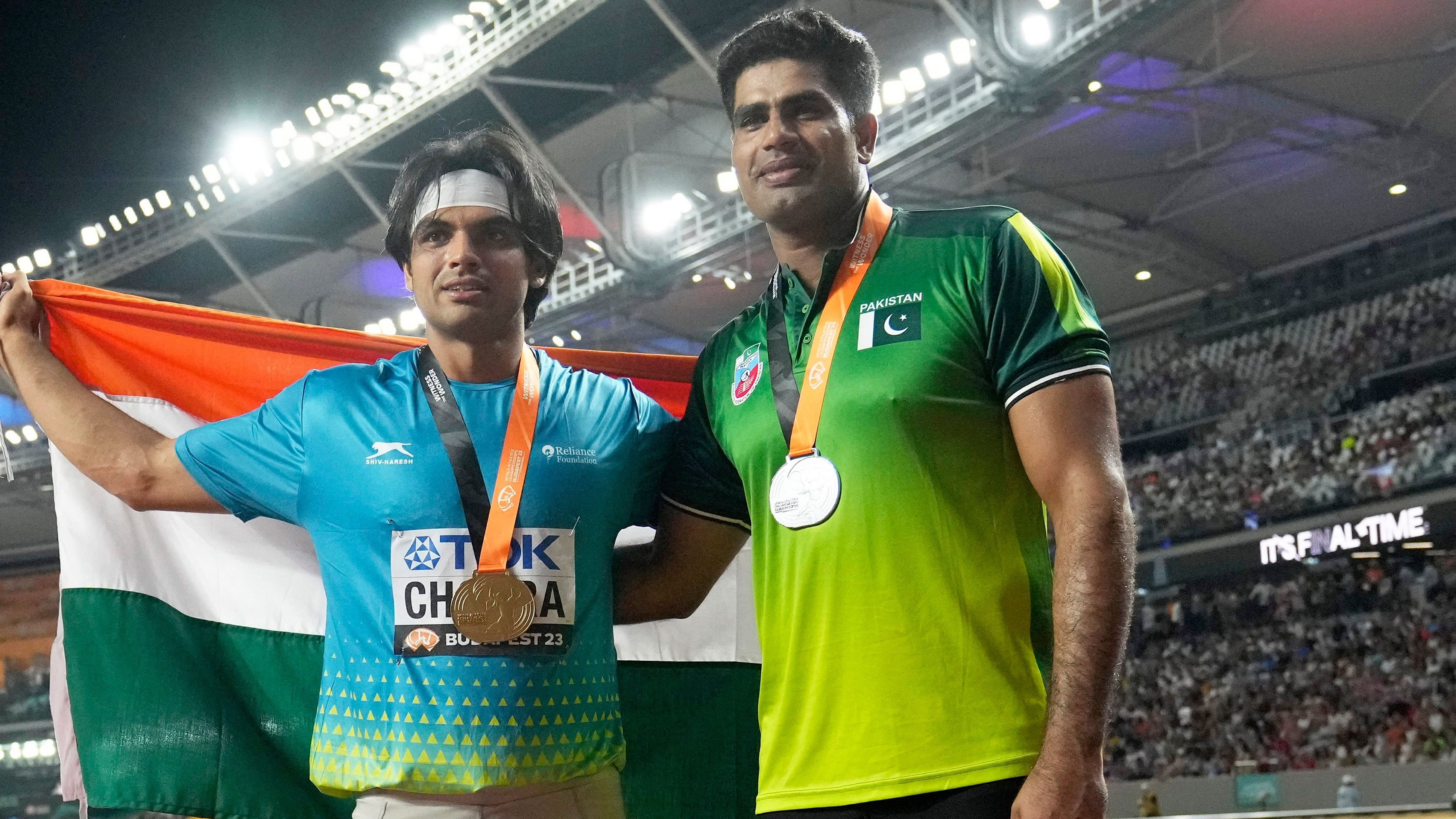 <div class="paragraphs"><p>Neeraj Chopra, of India, and Arshad Nadeem of Pakistan, right, pose at the World Athletics Championships in Budapest, Hungary.</p></div>