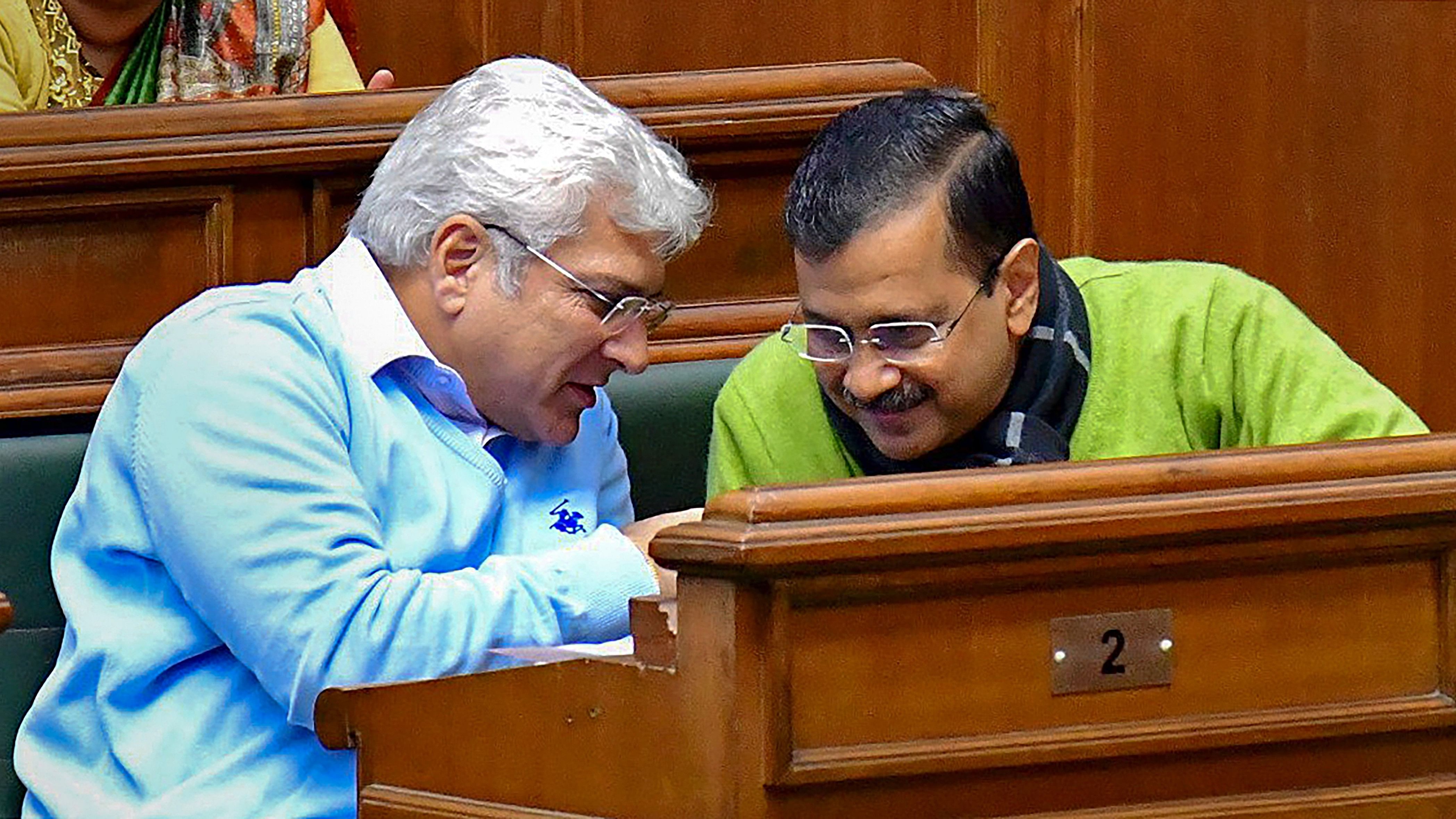 <div class="paragraphs"><p>Delhi Chief Minister Arvind Kejriwal with Transport Minister Kailash Gahlot in the Delhi Legislative Assembly during the Budget session, in New Delhi, Monday, February 19, 2024. </p></div>