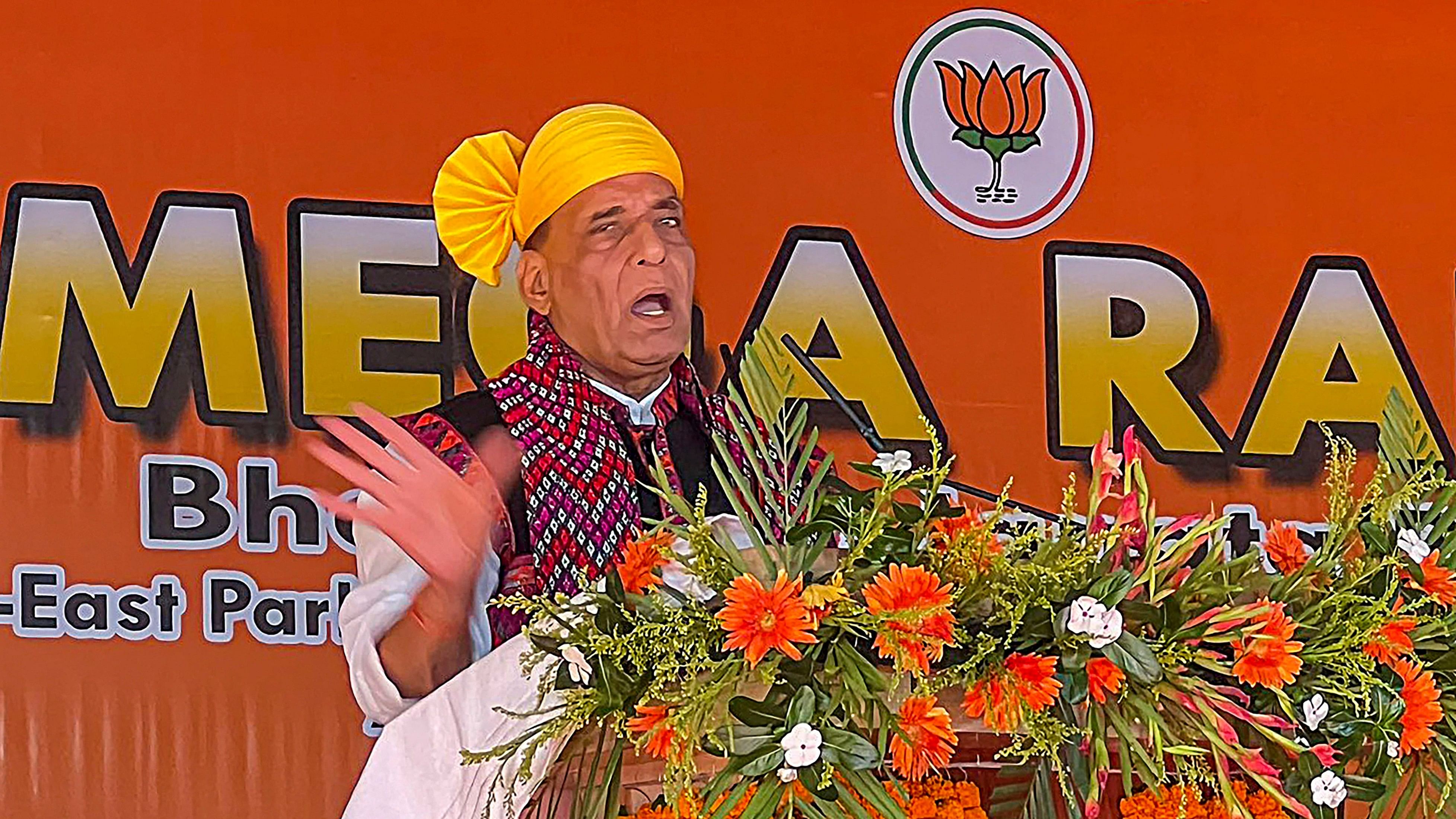 <div class="paragraphs"><p> Defence Minister Rajnath Singh addresses a public rally ahead of Lok Sabha polls.</p></div>