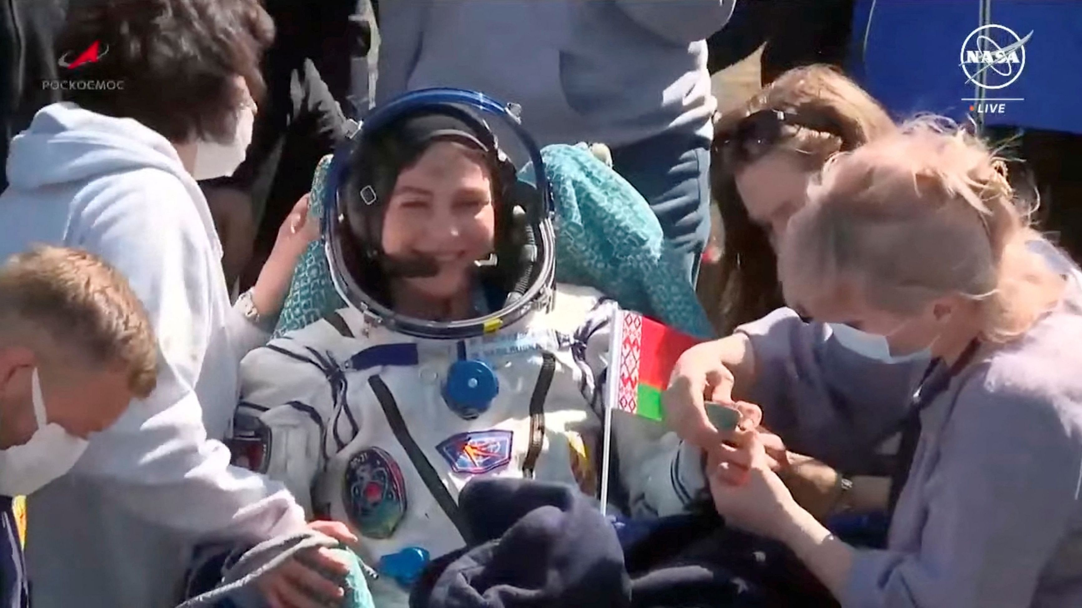 <div class="paragraphs"><p>International Space Station (ISS) crew member and spaceflight participant Marina Vasilevskaya of Belarus rests after landing in a remote area near Zhezkazgan, Kazakhstan, April 6, 2024, in this still image taken from a live broadcast video. </p></div>