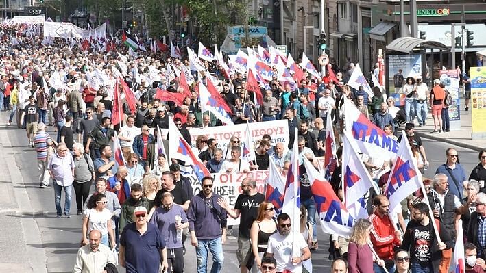 <div class="paragraphs"><p>Workers across sectors thronged streets in Athens protesting against high costs while demanding a pay hike.</p></div>