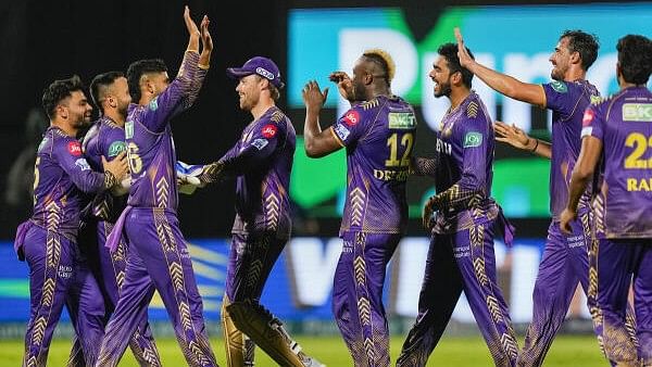 <div class="paragraphs"><p>Kolkata Knight Riders’ Mitchell Starc celebrates with teammates after taking the wicket of Delhi Capitals' Prithvi Shaw during the Indian Premier League (IPL) T20 cricket match between Delhi Capitals and Kolkata Knight Riders.</p></div>