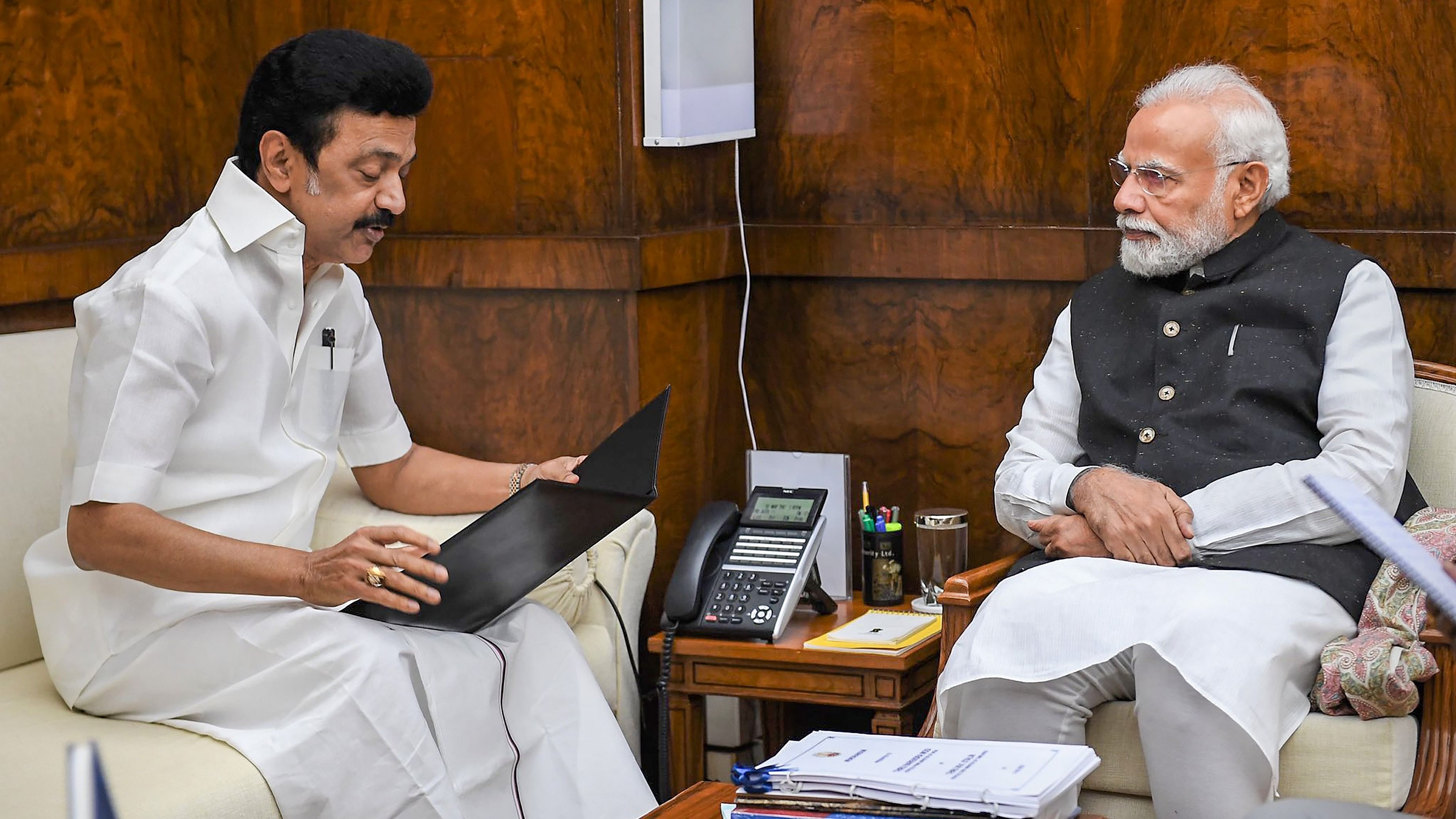 <div class="paragraphs"><p>File photo of Prime Minister Narendra Modi interacts with Tamil Nadu Chief Minister M K Stalin.</p></div>