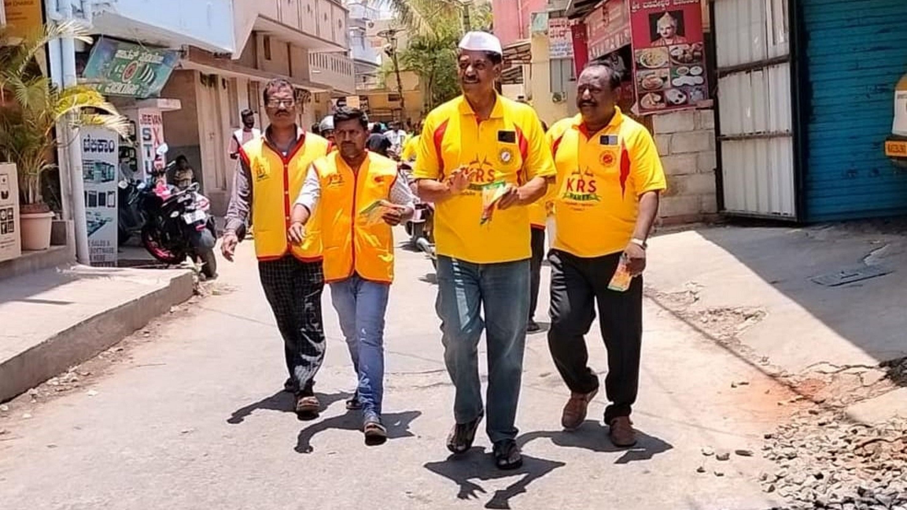 Ravi Krishna Reddy of Karnataka Rashtra Samithi hits the streets with volunteers-turned-party members.