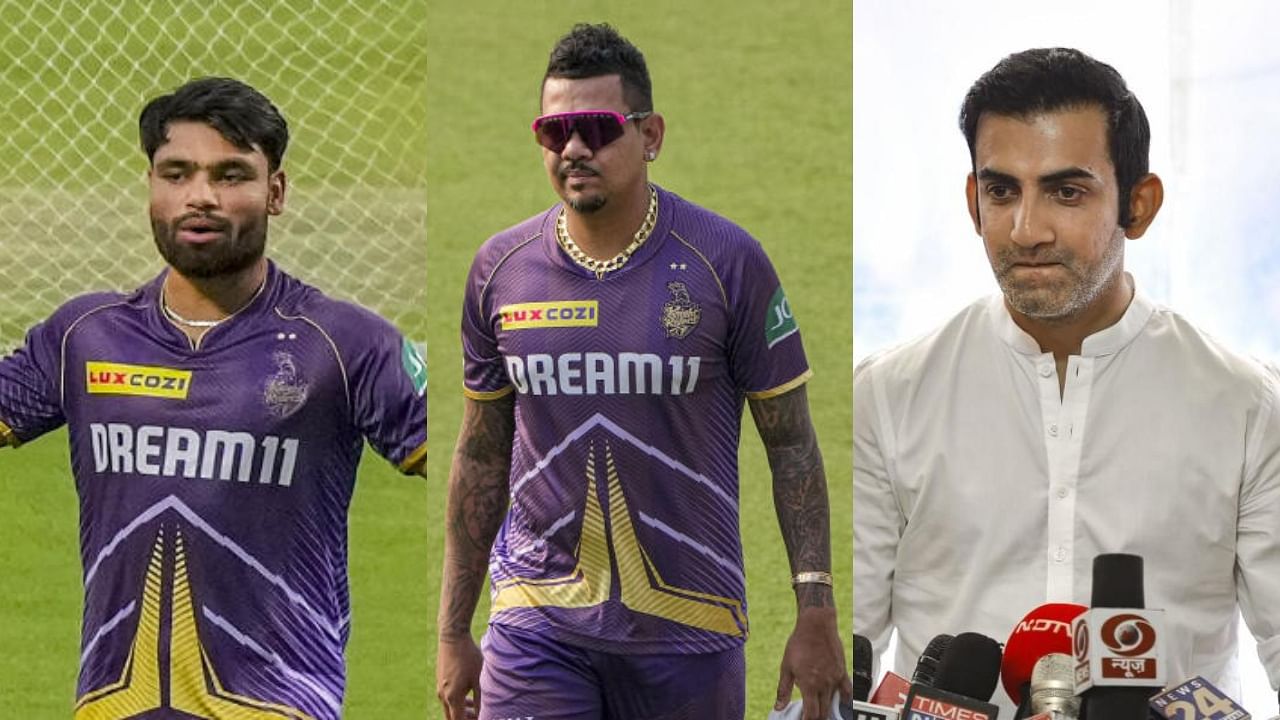 <div class="paragraphs"><p>Indian cricketers Rinku Singh, Sunil Narine and Gautam Gambhir (L-R).</p></div>