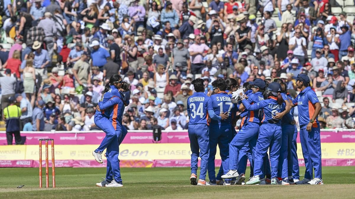 <div class="paragraphs"><p>Team India's women players celebrate a match win against England.&nbsp;</p></div>