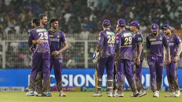 <div class="paragraphs"><p>Kolkata Knight Riders' players celebrate after winning the Indian Premier League (IPL) T20 cricket match between Kolkata Knight Riders and Royal Challengers Bengaluru, at the Eden Gardens, in Kolkata, Sunday on April 21, 2024.</p></div>