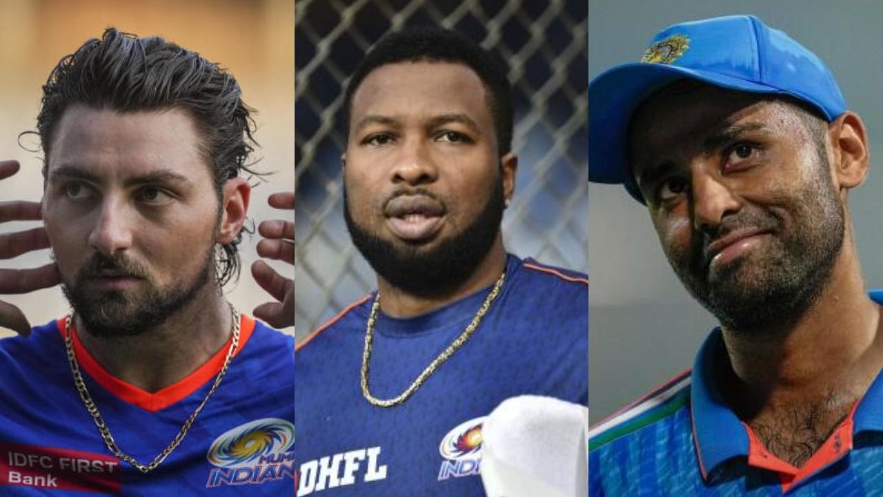 <div class="paragraphs"><p>Mumbai Indians batter Tim David,&nbsp;batting coach Kieron Pollard and Indian cricketer&nbsp;Suryakumar Yadav (L-R).</p></div>