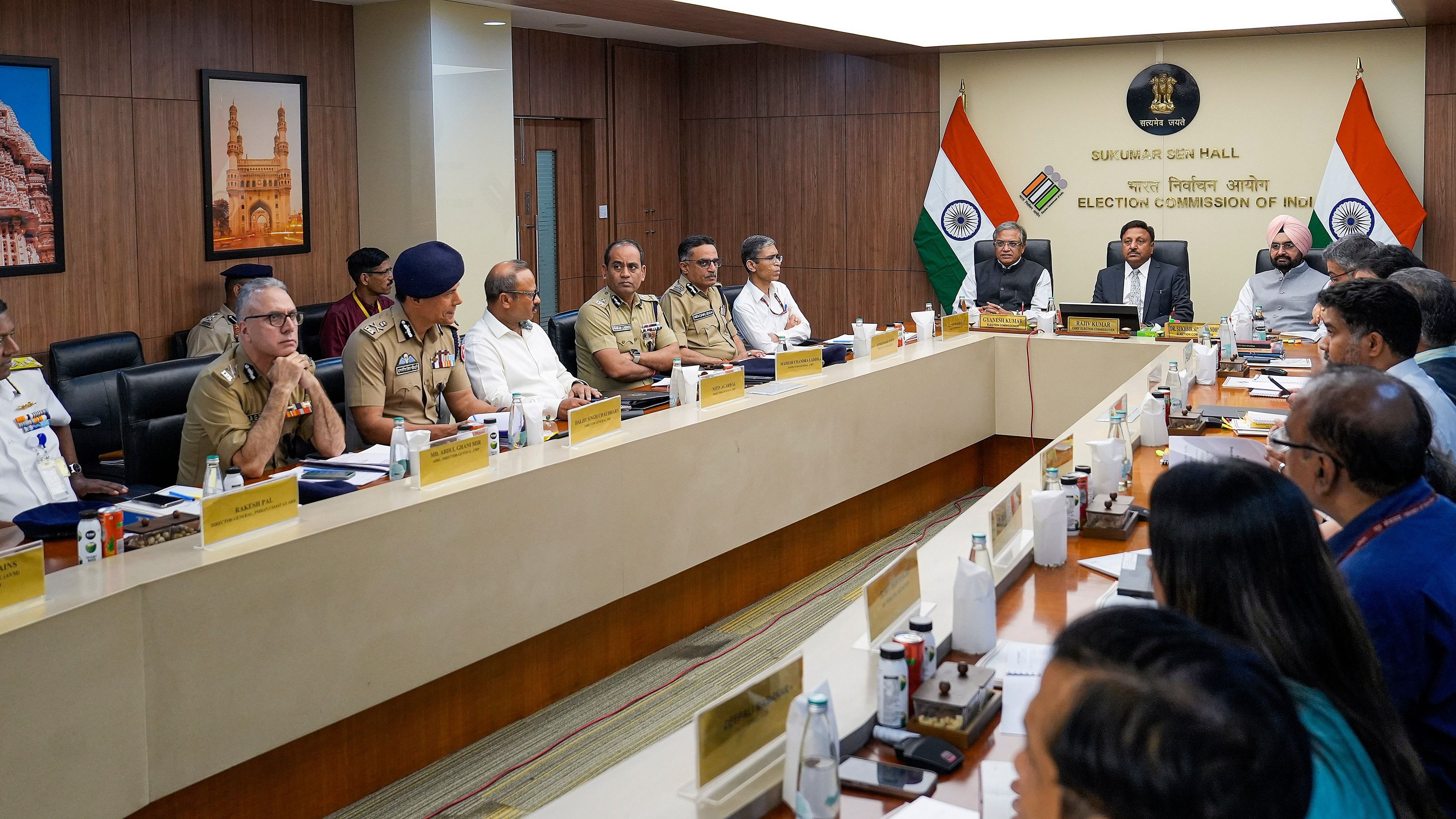 <div class="paragraphs"><p>Chief Election Commissioner Rajiv Kumar with Election Commissioners Gyanesh Kumar and S S Sandhu during a meeting with Chief Secretaries, Director Generals of Police, MHA, MoD and heads of CAPF ahead of Lok Sabha polls.</p></div>