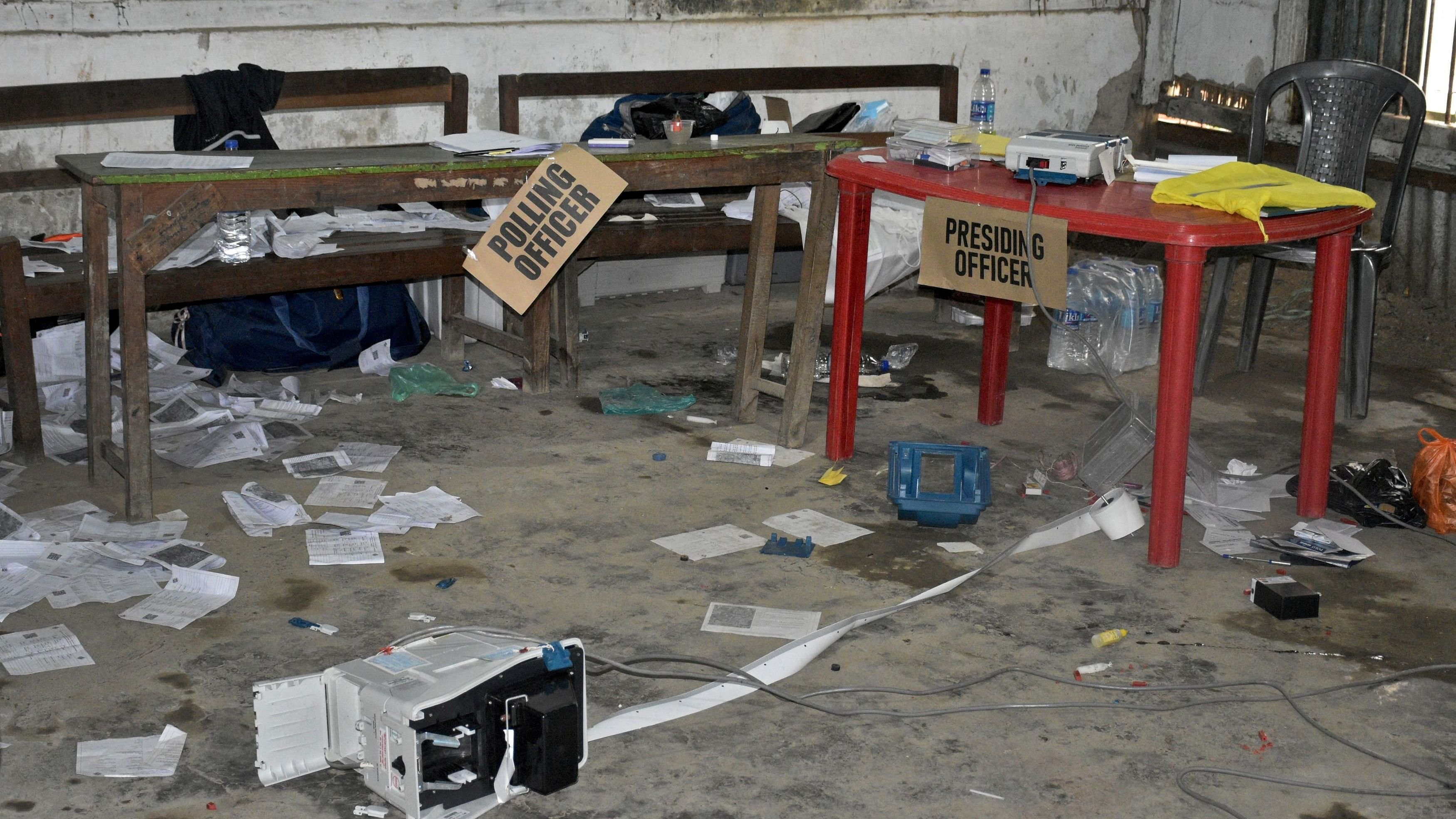 <div class="paragraphs"><p>A view of a polling station that was damaged by a crowd during the first phase of the general election, in Khurai in Imphal East, Manipur on Friday</p></div>