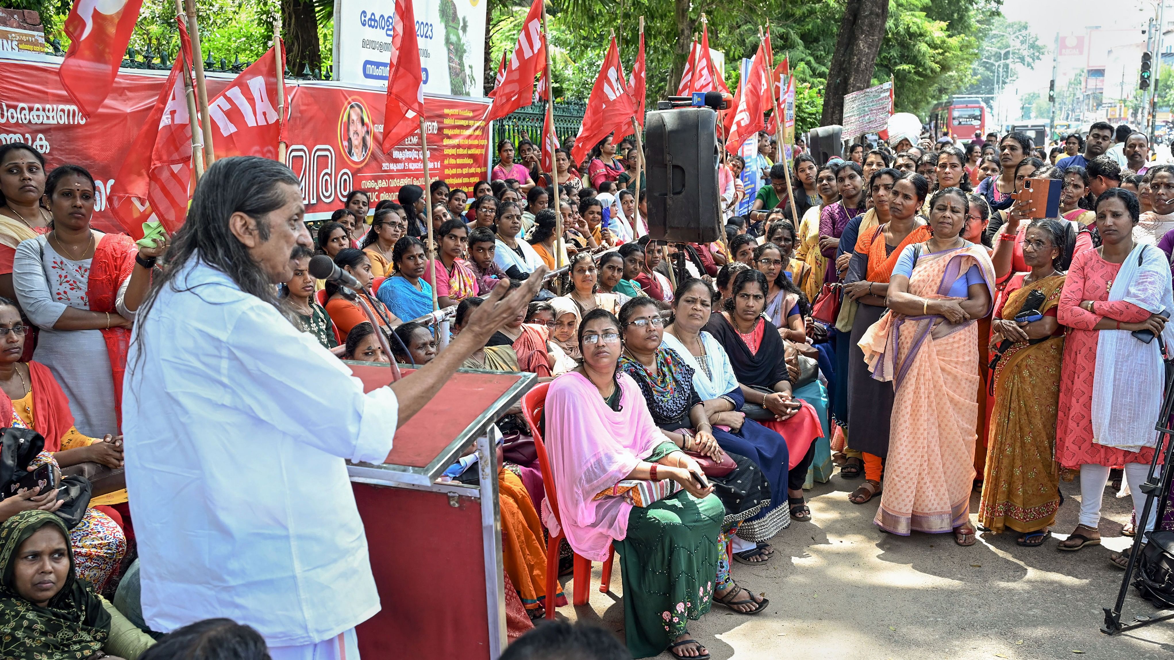 <div class="paragraphs"><p>Thiruvananthapuram: CPI leader Pannyan Raveendran speaks during a protest of employees of Supplyco, a Government of Kerala-owned company, over their demand for job security and minimum wage, outside the State Secretariat in Thiruvananthapuram,.</p></div>