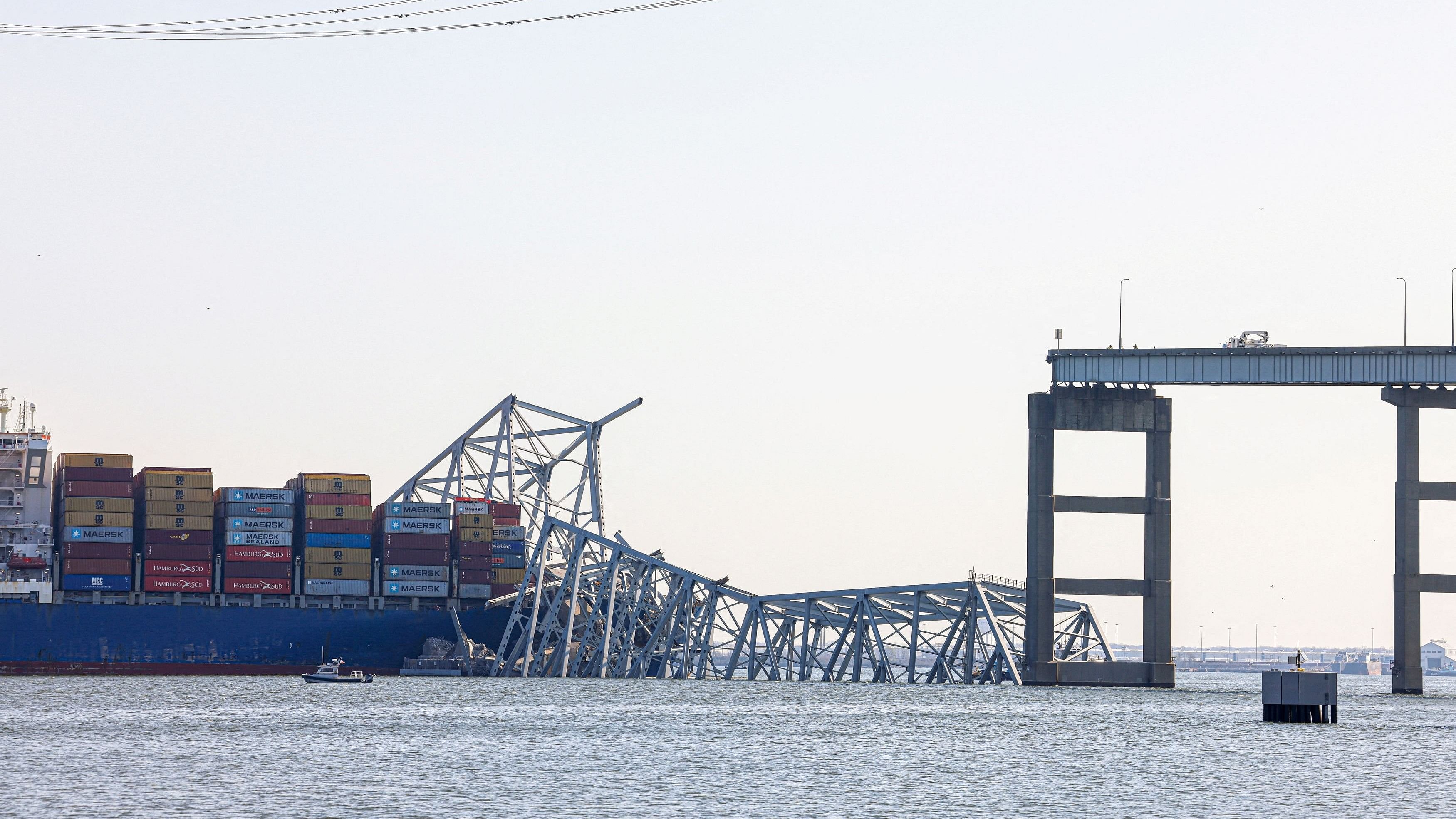 <div class="paragraphs"><p>Wreckage lies across the deck of the Dali cargo vessel, which crashed into the Francis Scott Key Bridge causing it to collapse, in Baltimore, Maryland, US, March 29, 2024. </p></div>