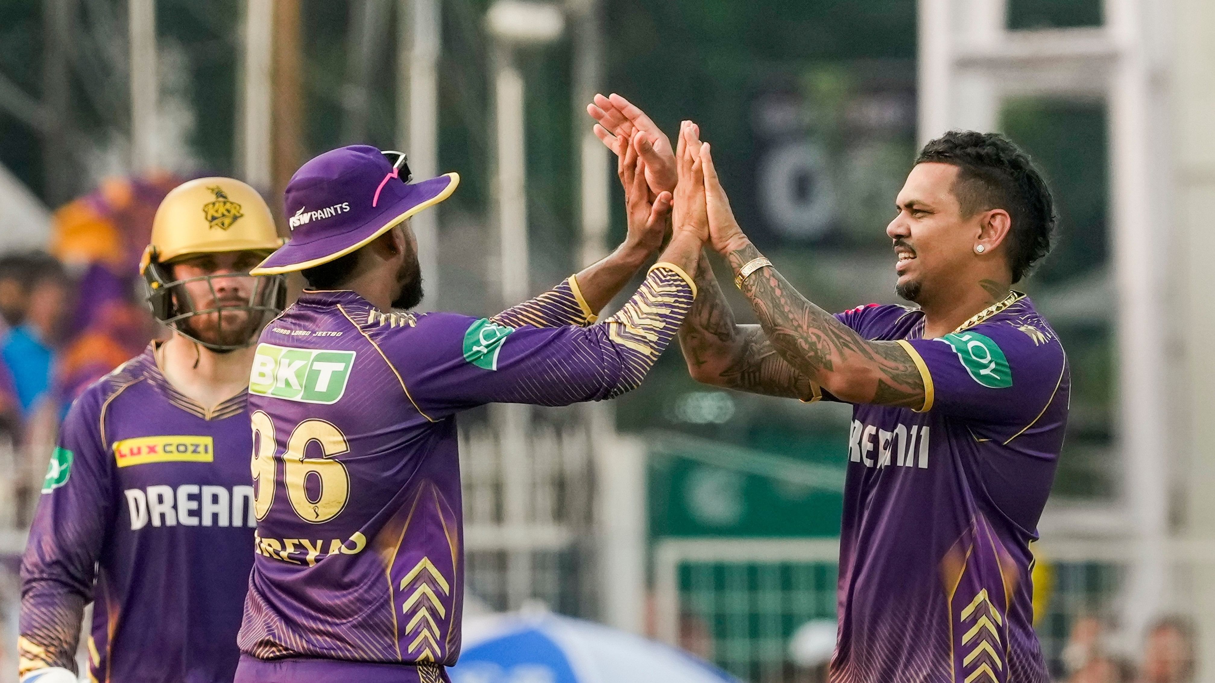 <div class="paragraphs"><p>Kolkata Knight Riders' Sunil Narine celebrates with teammates after taking the wicket of Lucknow Super Giants Ayush Badoni during an Indian Premier League (IPL) 2024 cricket match between Kolkata Knight Riders (KKR) and Lucknow Super Giants (LSG), at the Eden Gardens, in Kolkata, Sunday, April 14, 2024. </p></div>