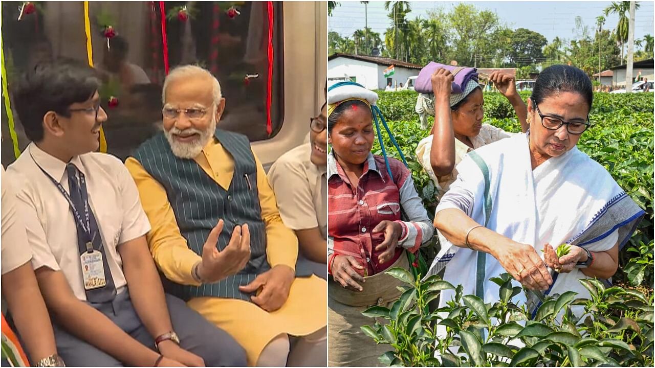 <div class="paragraphs"><p>PM Modi during the inauguration of the underwater metro in Kolkata(L), Mamata Banerjee in a tea garden in Jalpaiguri.&nbsp;</p></div>