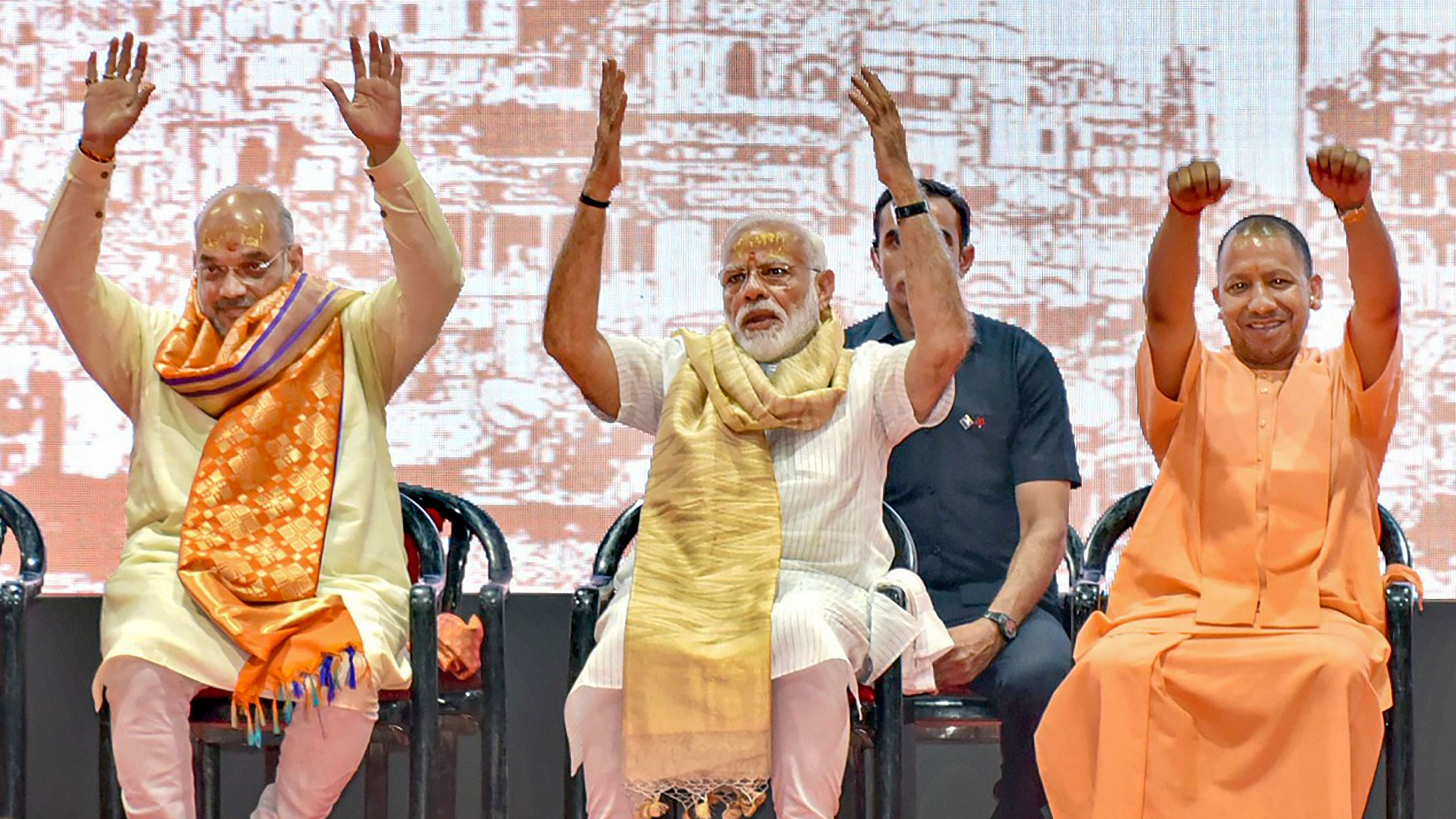 <div class="paragraphs"><p>Prime Minister Narendra Modi with Home Minister Amit Shah and UP CM Yogi Adityanath.</p></div>
