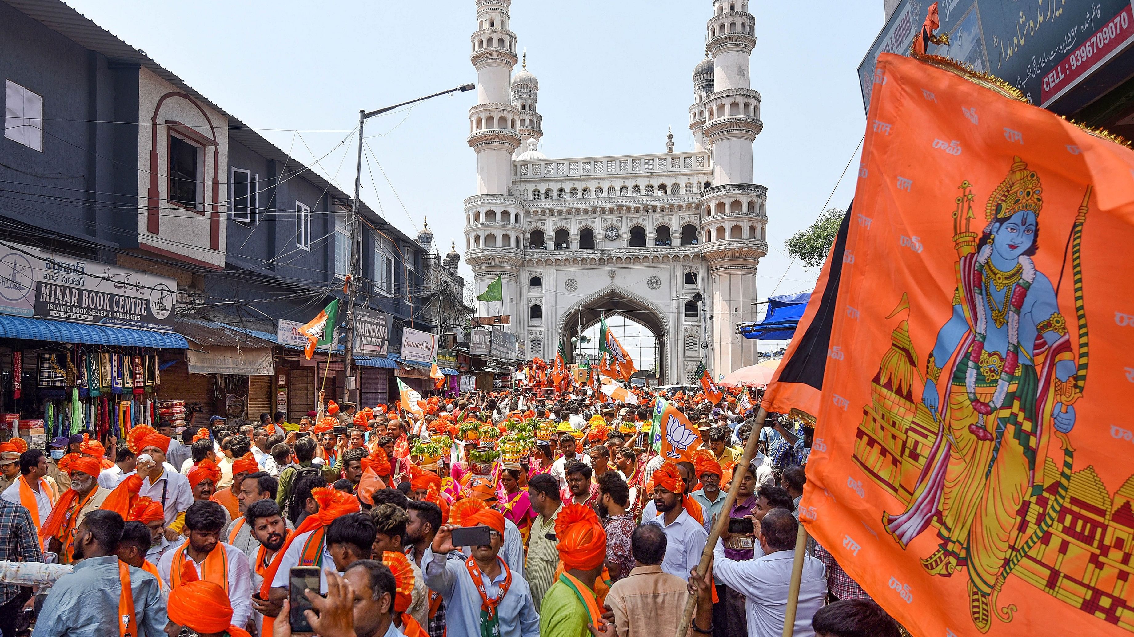 <div class="paragraphs"><p>BJP supporters during party candidate Madhavi Latha’s rally before she files her nomination papers for the Lok Sabha elections, in Hyderabad, on Wednesday.</p></div>