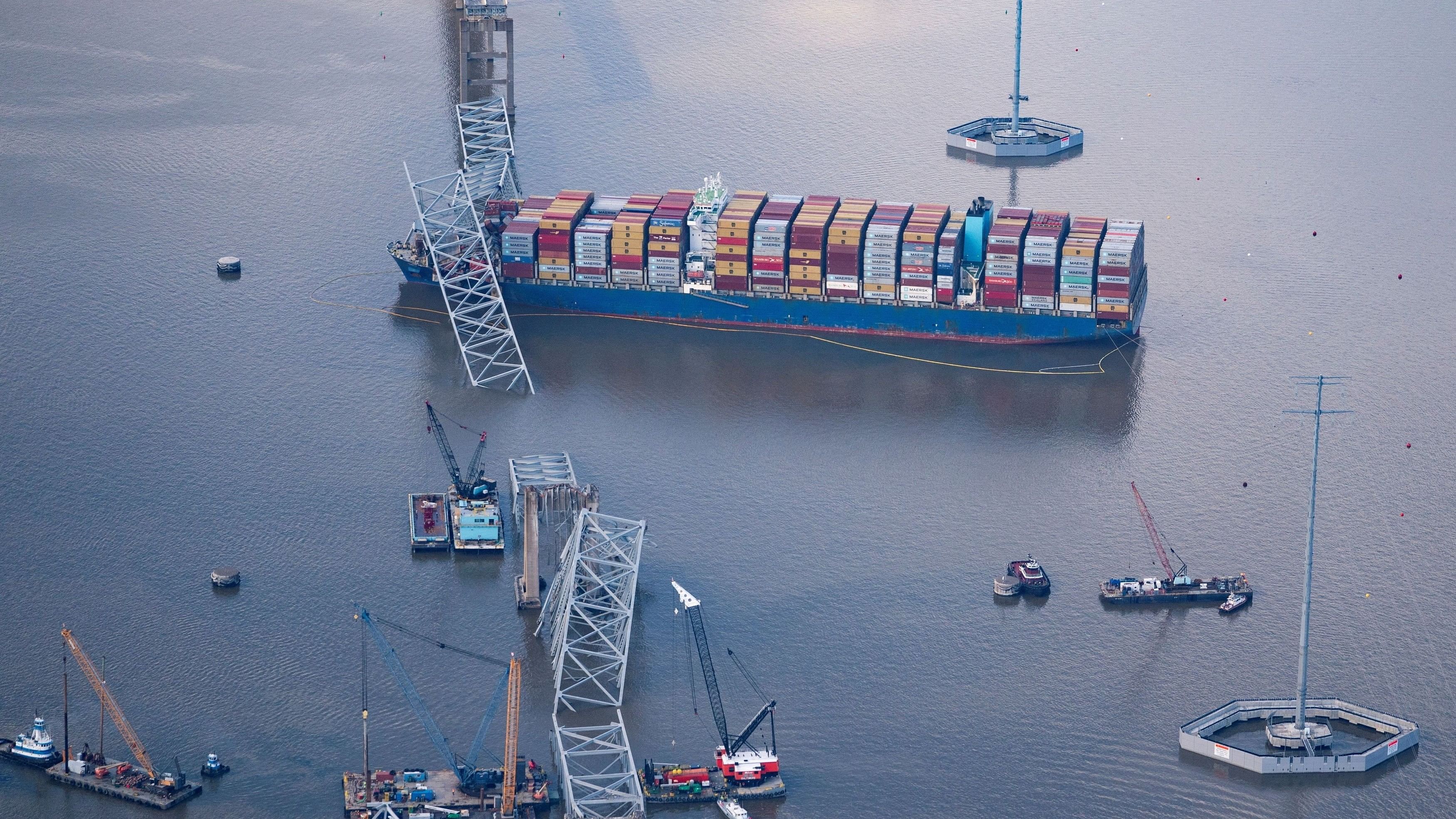 <div class="paragraphs"><p> View of the Dali cargo vessel which crashed into the Francis Scott Key Bridge causing it to collapse in Baltimore, Maryland</p></div>